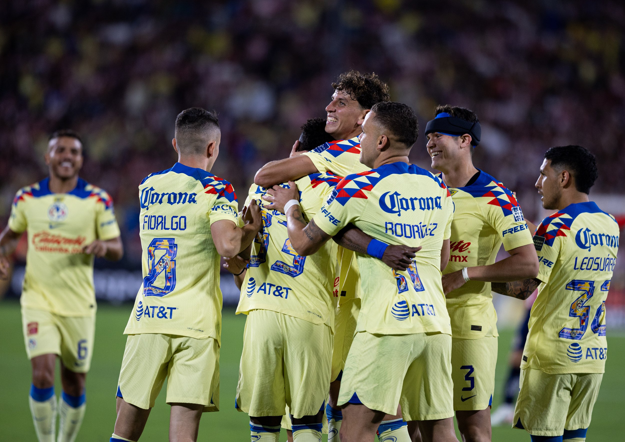  Club America team celebrating and hugging centre-forward Julian Quinones after scoring a goal to make the score 2-0 at the Rose Bowl in Pasadena, Calif. on Sunday, Oct. 15. (Danilo Perez | The Corsair) 