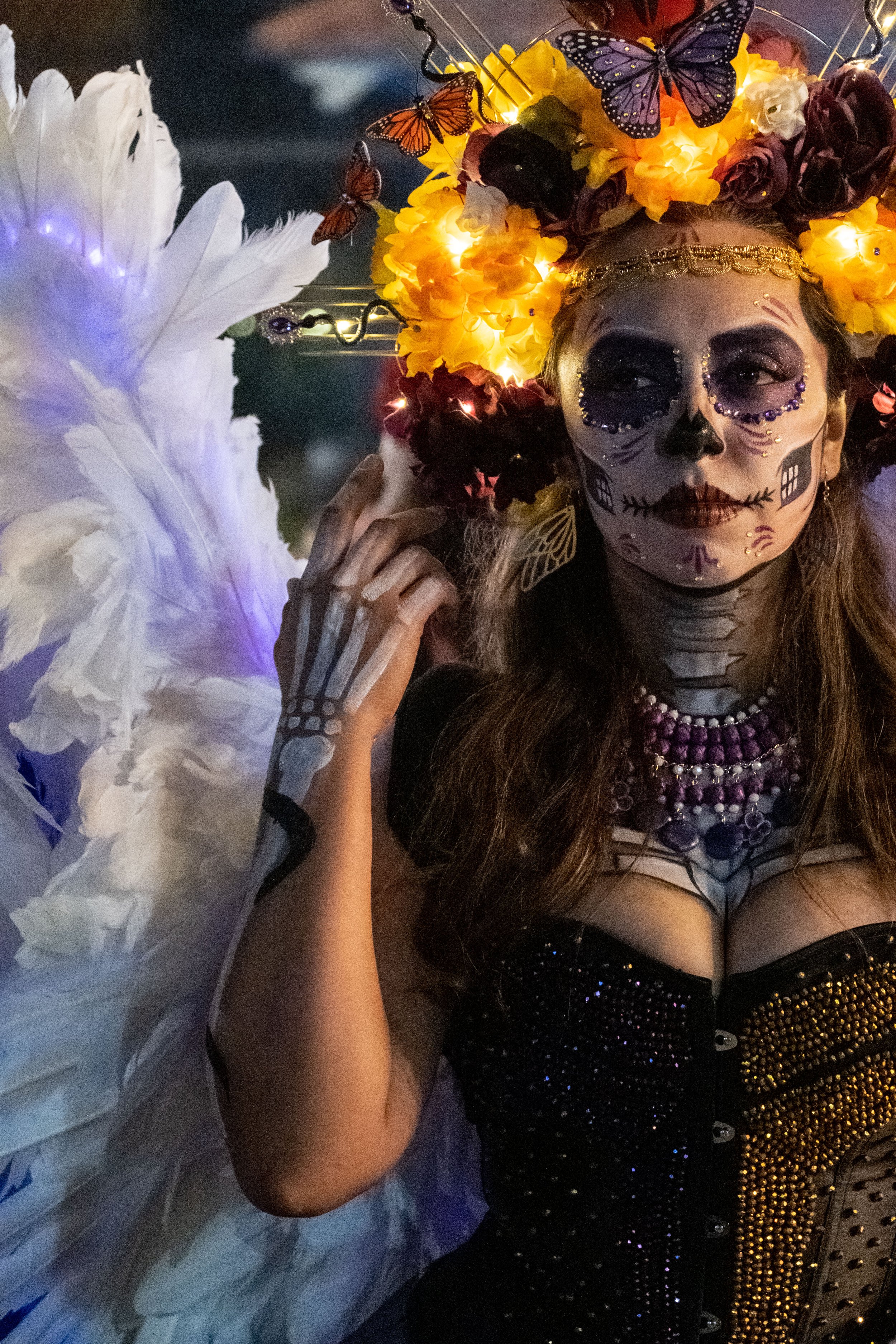  "La Catrina Chicana", wearing an outfit she designed, featuring a mural of Kobe and Gigi Bryant. She designed it in 2020 and is wearing it for the first time tonight at El Velorio's 13th Day of the Dead Music & Arts Festival at La Plaza de la Raza, 