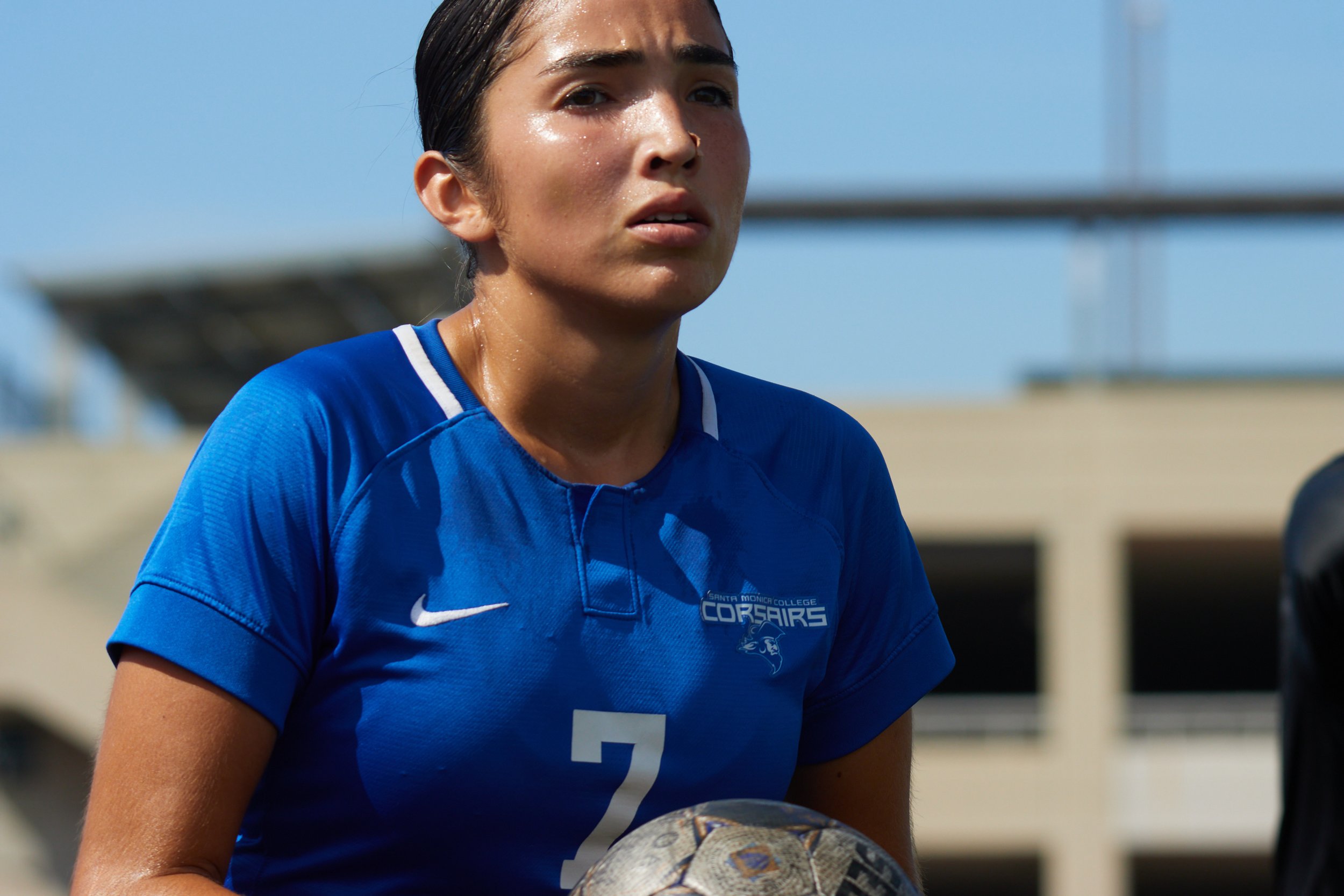  Santa Monica College Corsairs defender Jessica Narez during the women's soccer match against Citrus College Owls at Corsair Field, Santa Monica, Calif., on Oct 13, 2023. The match was tied 1-1. (Danniel Sumarkho | The Corsair) 