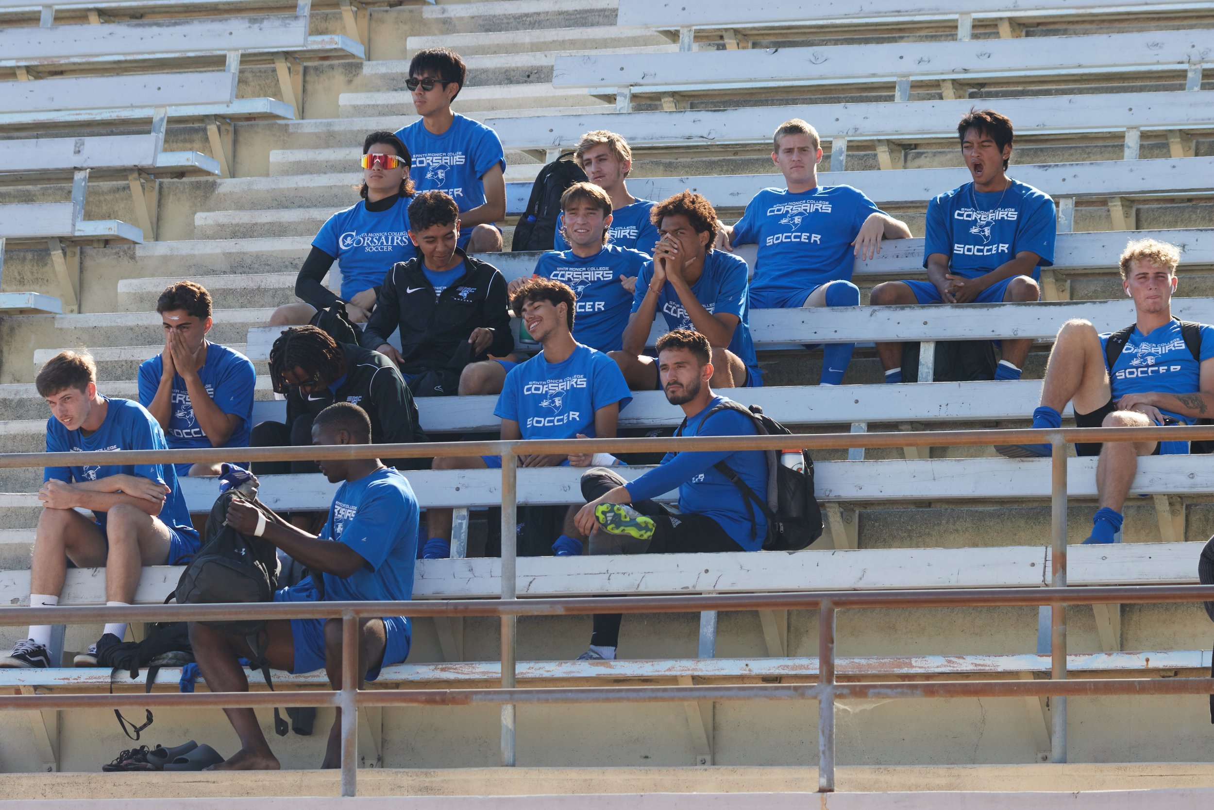  Santa Monica College Corsairs men's soccer team watches the women's soccer match against Citrus College Owls from the bleachers at Corsair Field, Santa Monica, Calif., on Oct 13, 2023. They are to also have their own match after the women's match is