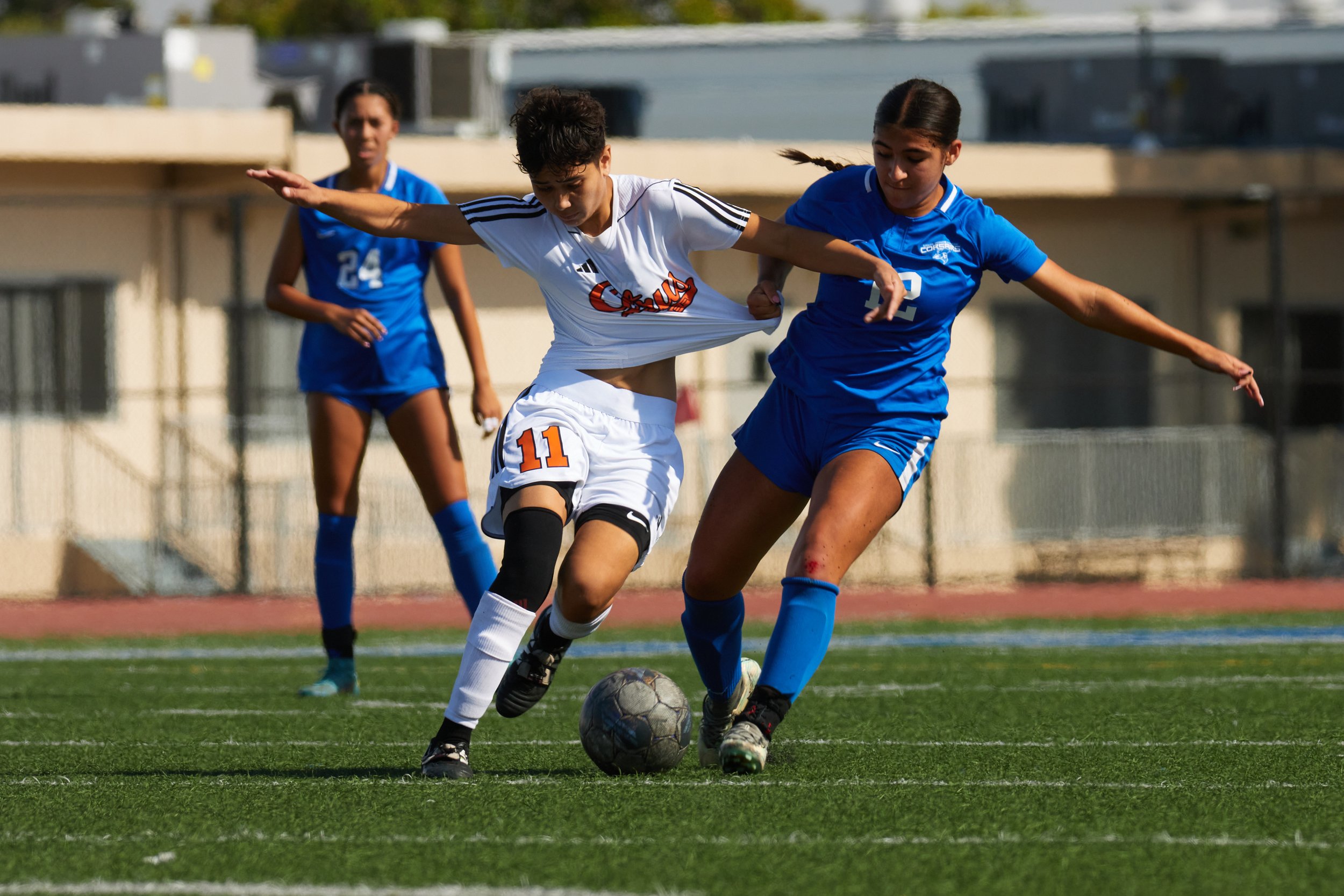  Santa Monica College Corsairs   grabs Citrus College Owls forward Dianna Garcia during the women's soccer match against Citrus College Owls at Corsair Field, Santa Monica, Calif., on Oct 13, 2023. The match was tied 1-1. (Danniel Sumarkho | The Cors
