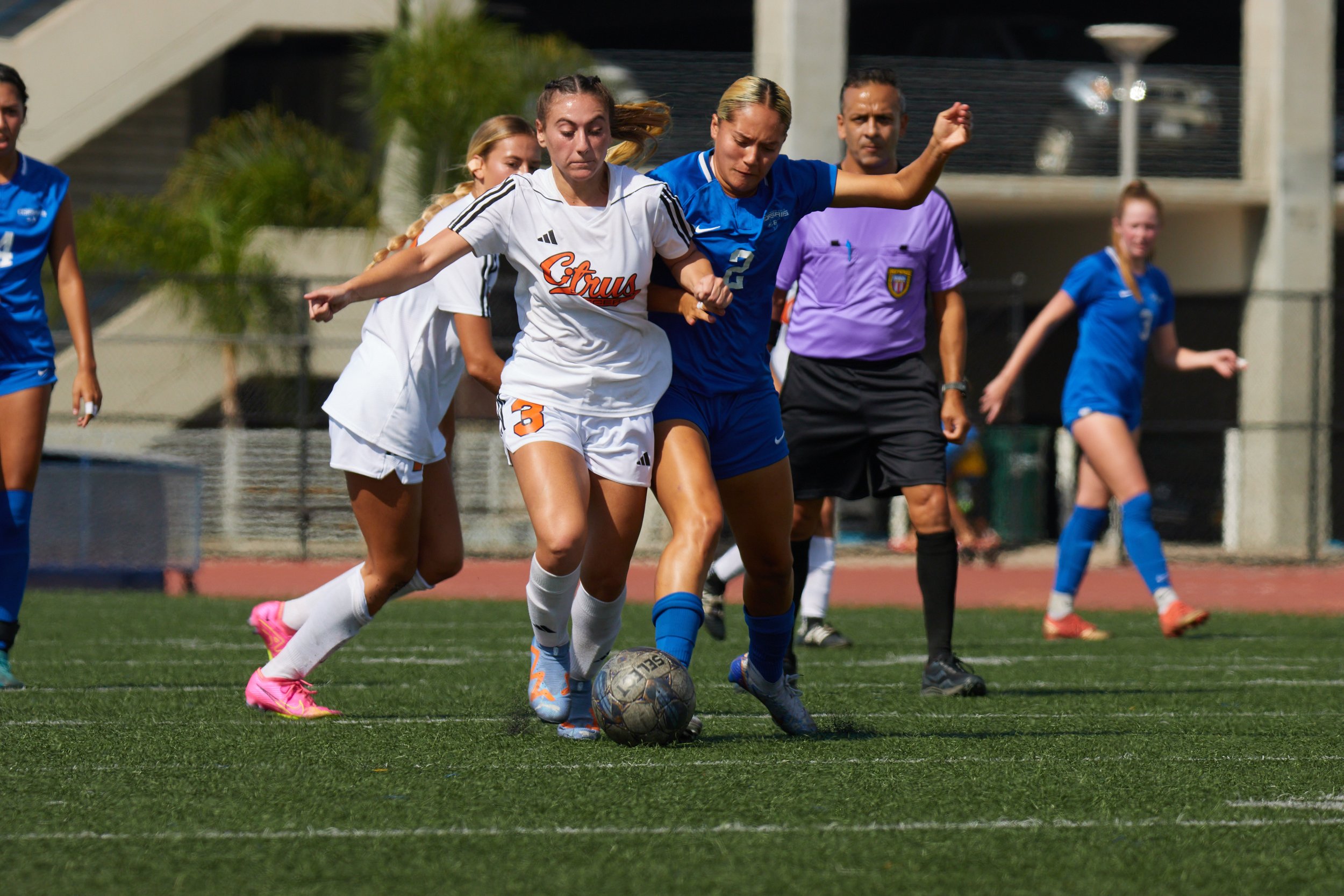  Citrus College Owls forward Jayme Beatty, left, and Santa Monica College Corsair forward Alanis Rodriguez, right, fighting for control of the ball during the women's soccer match against each other at Corsair Field, Santa Monica, Calif., on Oct 13, 