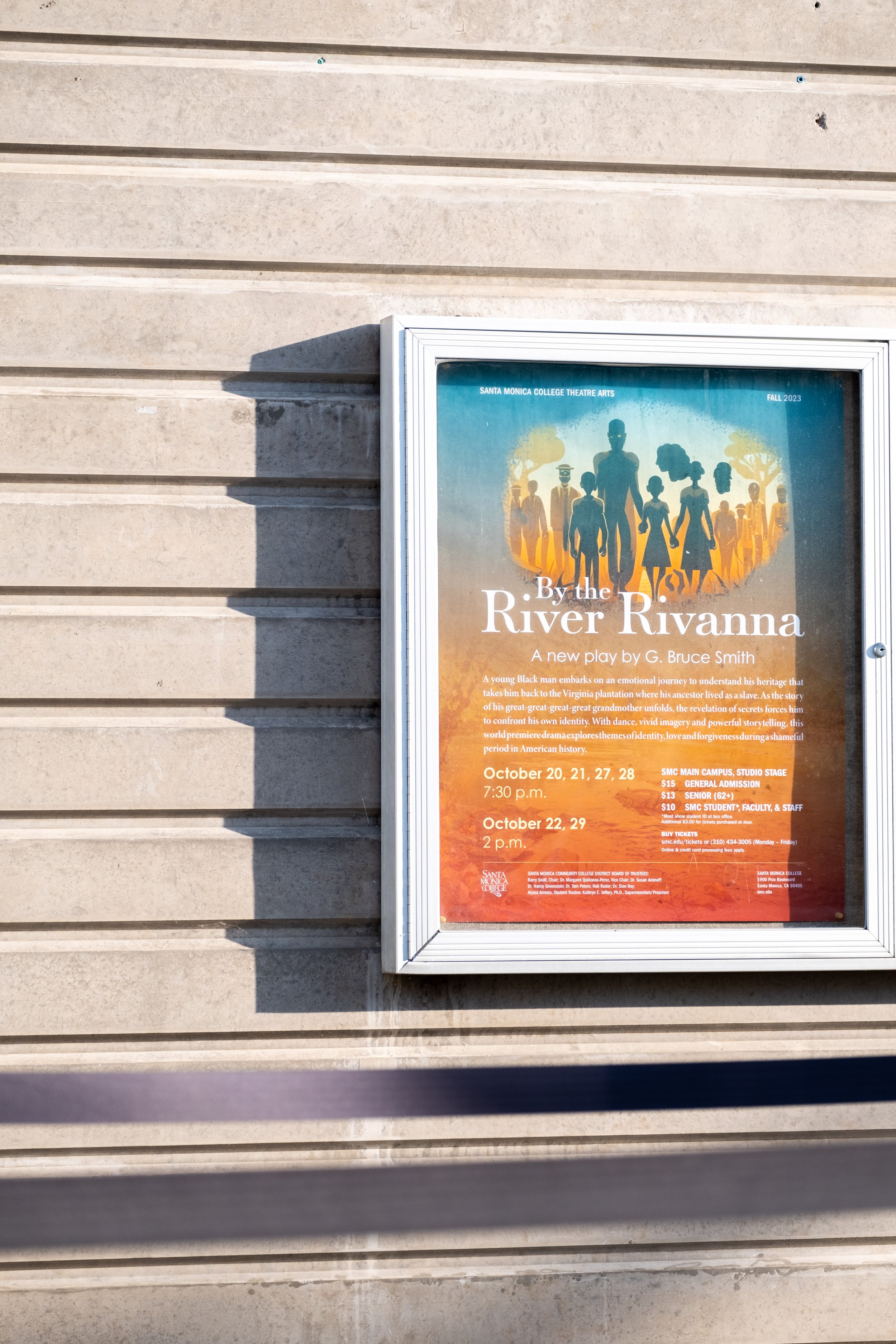  A close up of the poster advertising the play, "By the River Rivanna," in front of the Theatre Arts building on the main campus at Santa Monica College in Santa Monica, Calif. on Monday, Oct. 23, 2023. (Akemi Rico | The Corsair) 