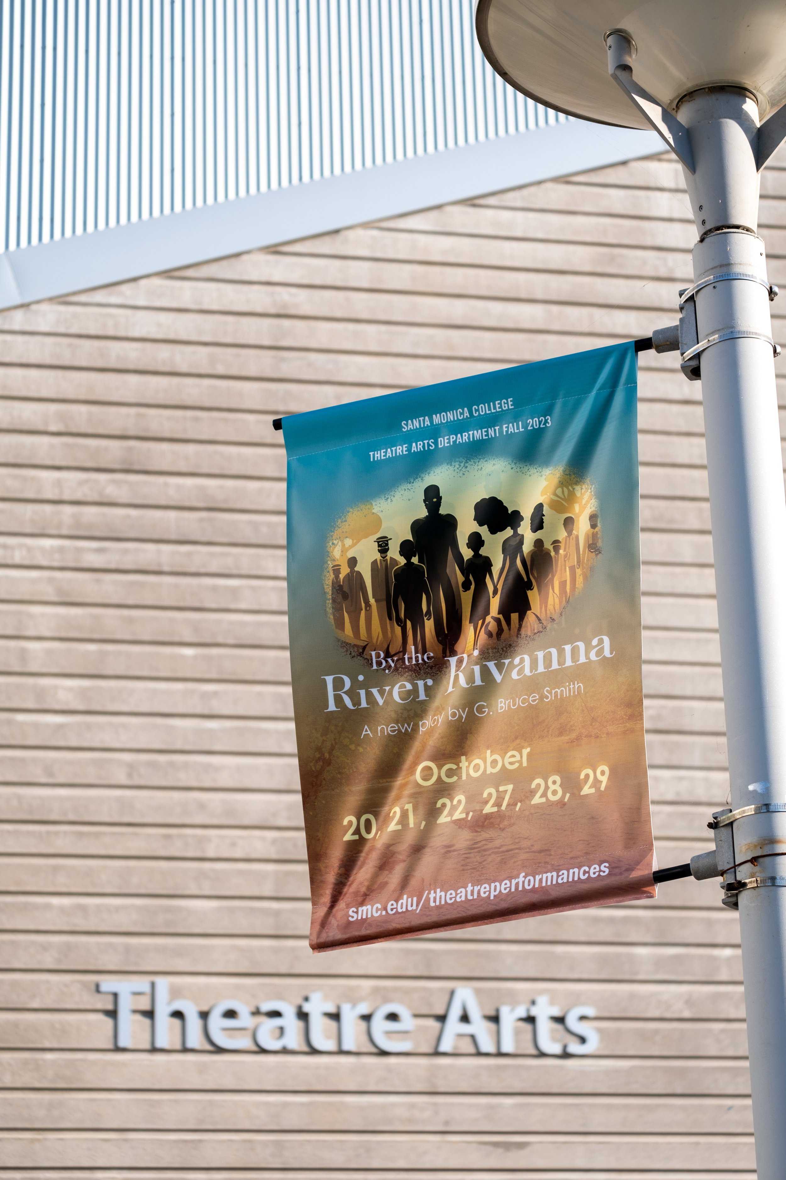  A close up of the banner advertising the play, "By the River Rivanna," in front of the Theatre Arts building on the main campus at Santa Monica College in Santa Monica, Calif. on Monday, Oct. 23, 2023. (Akemi Rico | The Corsair) 