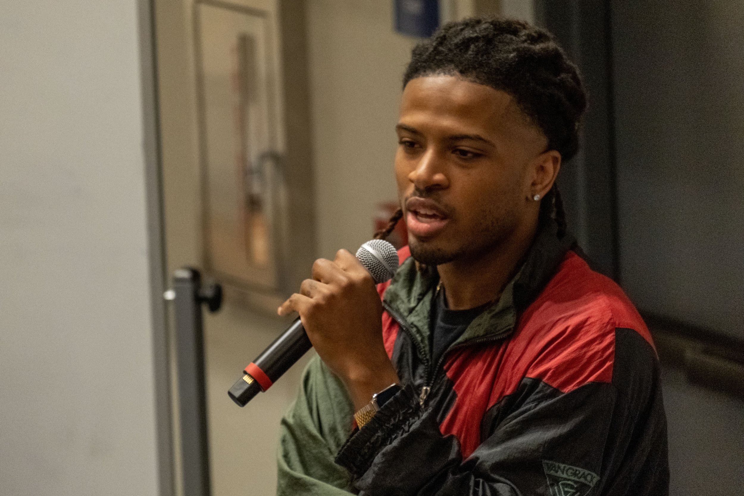  Cameron Terry, president of the Black Collegians Club, speaks on his experience about how the play was brought to his attention  at the community gathering in lieu of a protest against the play "By The River Rivanna" in the Student Services Orientat