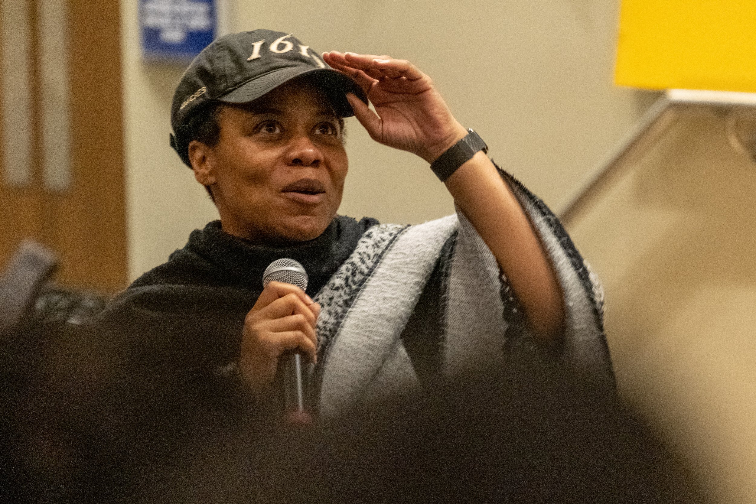  Nicole Woodard at the community gathering in lieu of a protest against the play "By The River Rivanna" in the Student Services Orientation Hall on the main campus at Santa Monica College in Santa Monica, Calif. on Friday, Oct. 20, 2023. 