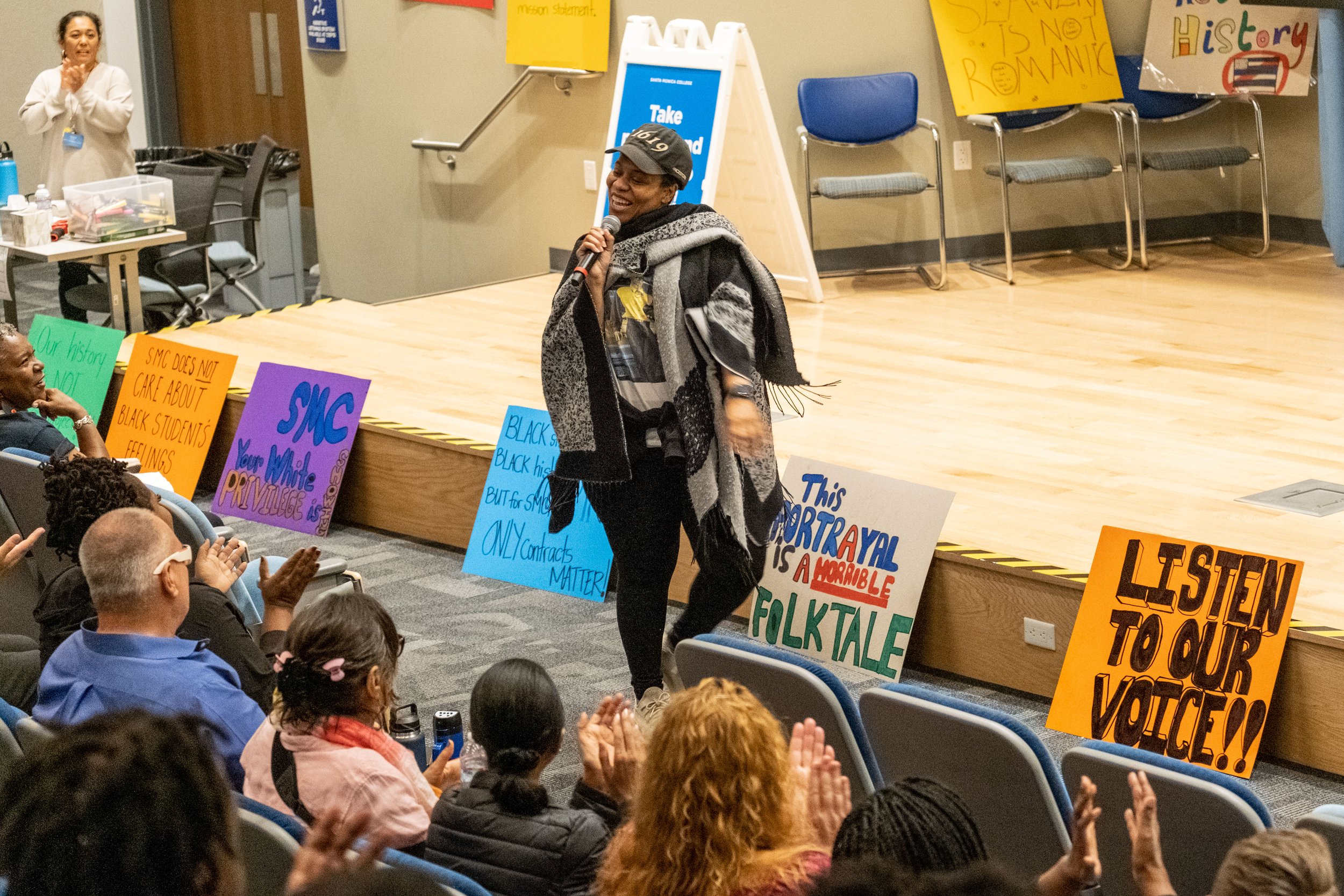  Nicole Woodard at the community gathering in lieu of a protest against the play "By The River Rivanna" in the Student Services Orientation Hall on the main campus at Santa Monica College in Santa Monica, Calif. on Friday, Oct. 20, 2023. 
