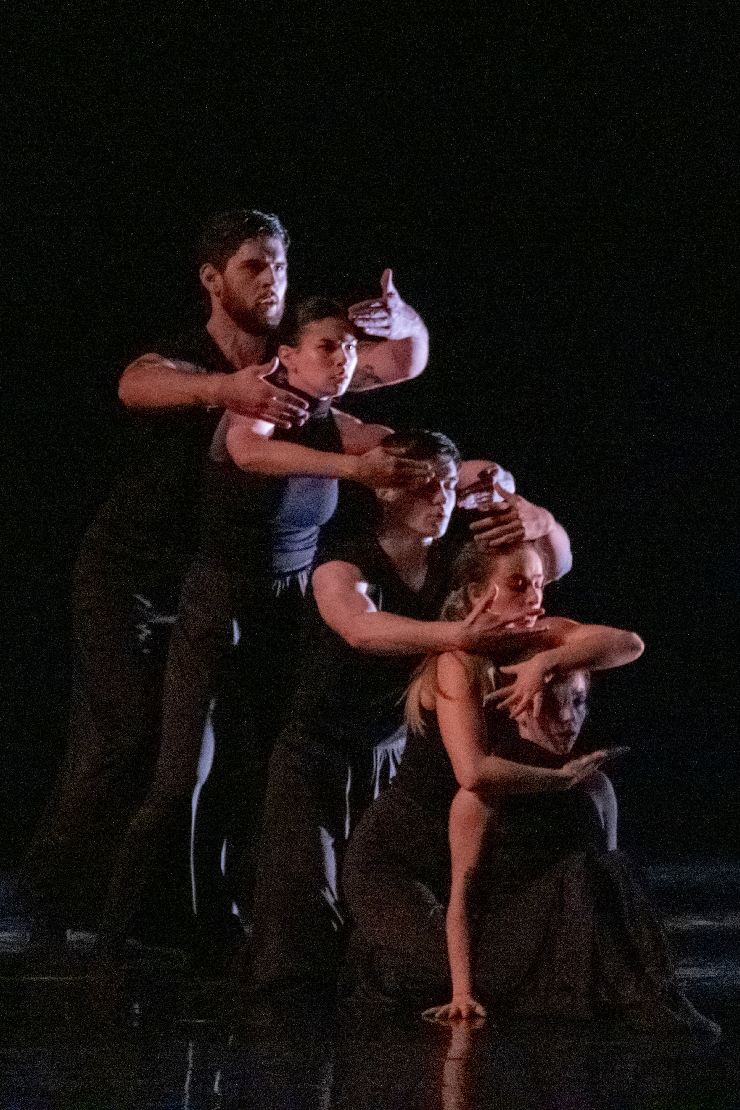  From L to R, dancers Michael Hamilton, Erille Weiss, Simon Lathrop, Marley Gazaryants, and Kate Chandler rehearse a piece choreographed by student choreophraher Simon Lathrop for the Santa Monica College Contemporary Dance Performance Synapse at Bro