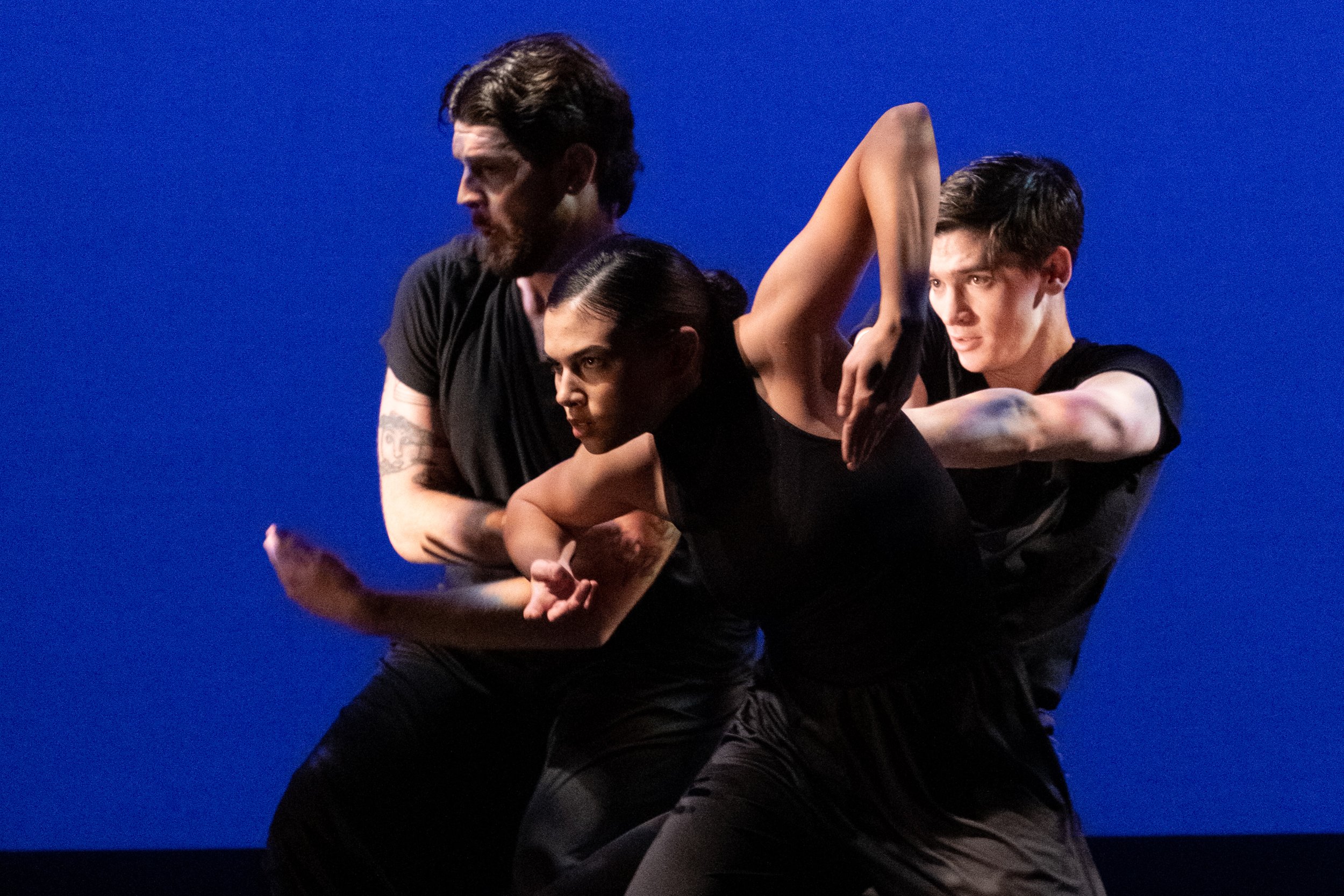  From L to R, dancers Michael Hamilton, Erille Weiss and Simon Lathrop rehearse a piece choreographed by student choreophraher Simon Lathrop for the Santa Monica College Contemporary Dance Performance Synapse at BroadStage in Santa Monica, Calif. on 