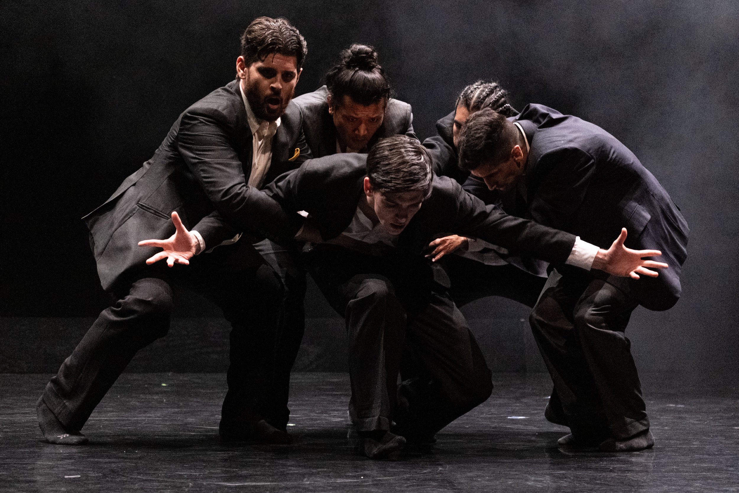  (L to R) Dancers Michael Hamilton, Daveth Cheth, Abdiel Montes Vergara and Nick Albuja surround Simon Lathrop (center) as they rehearse a piece choreographed by Seda Aybay for the Santa Monica College Contemporary Dance Performance Synapse at BroadS