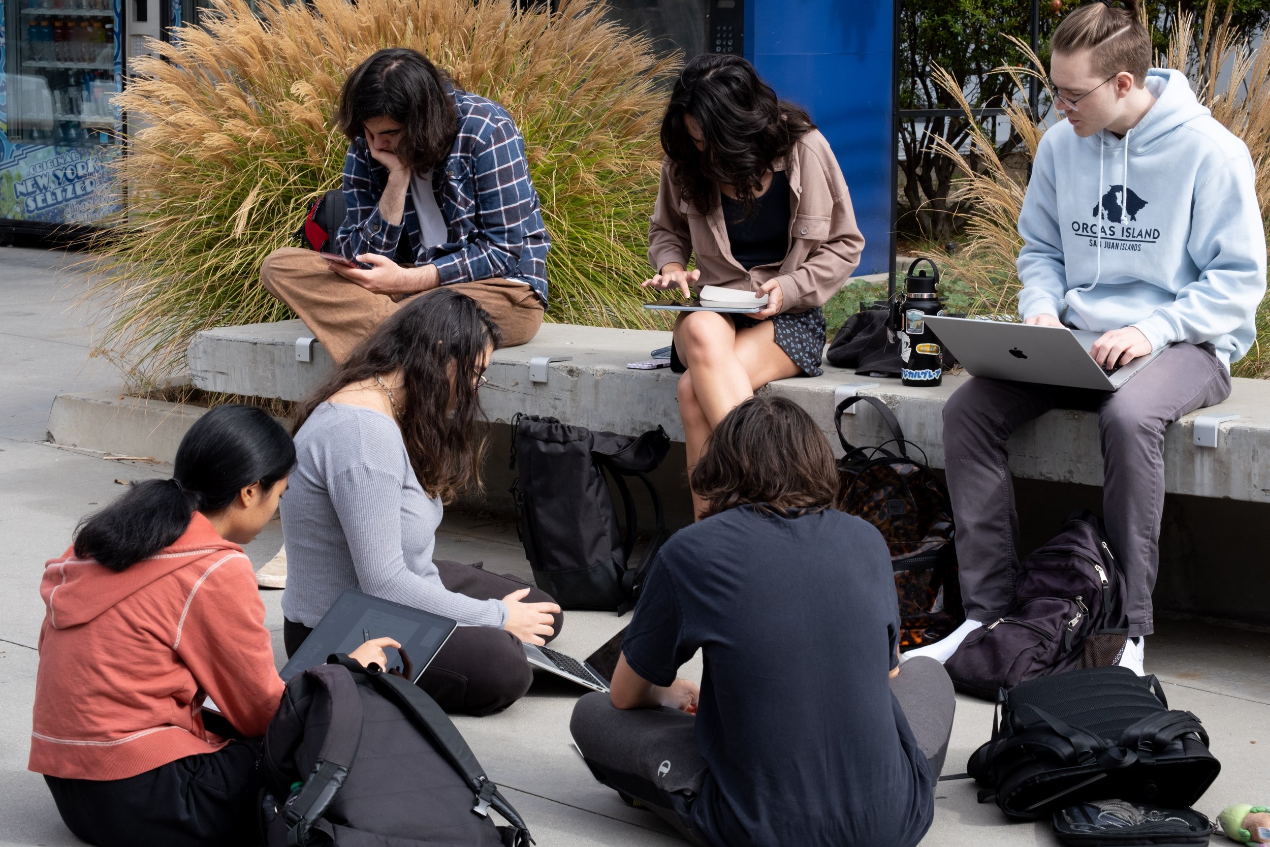  Students could be seen gathered outside the library on the main campus during the Great Shake Out on Thursday, Oct. 19, 2023 at Santa Monica College in Santa Monica, Calif. They are studying for Bio 3. (Akemi Rico | The Corsair) 