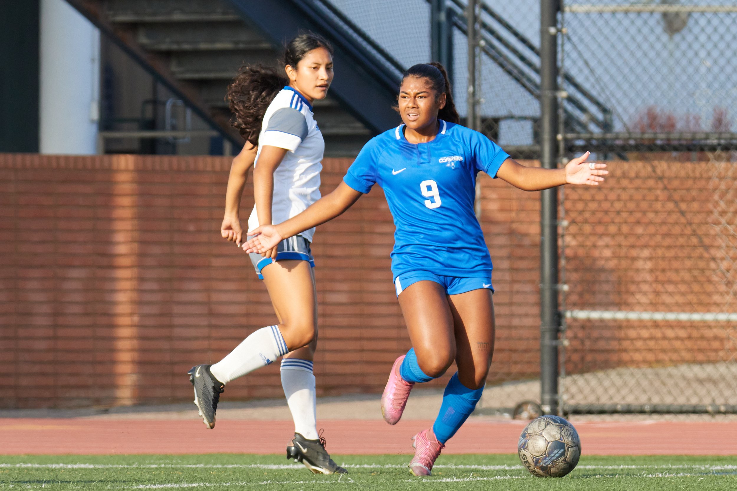  Santa Monica College Corsairs Forward Amarah Martinez during the women's soccer match against West LA College Wildcats at Corsair Field, Santa Monica, Calif., on Oct 24, 2023. The referee had just whistled although no penalty cards were given. The C