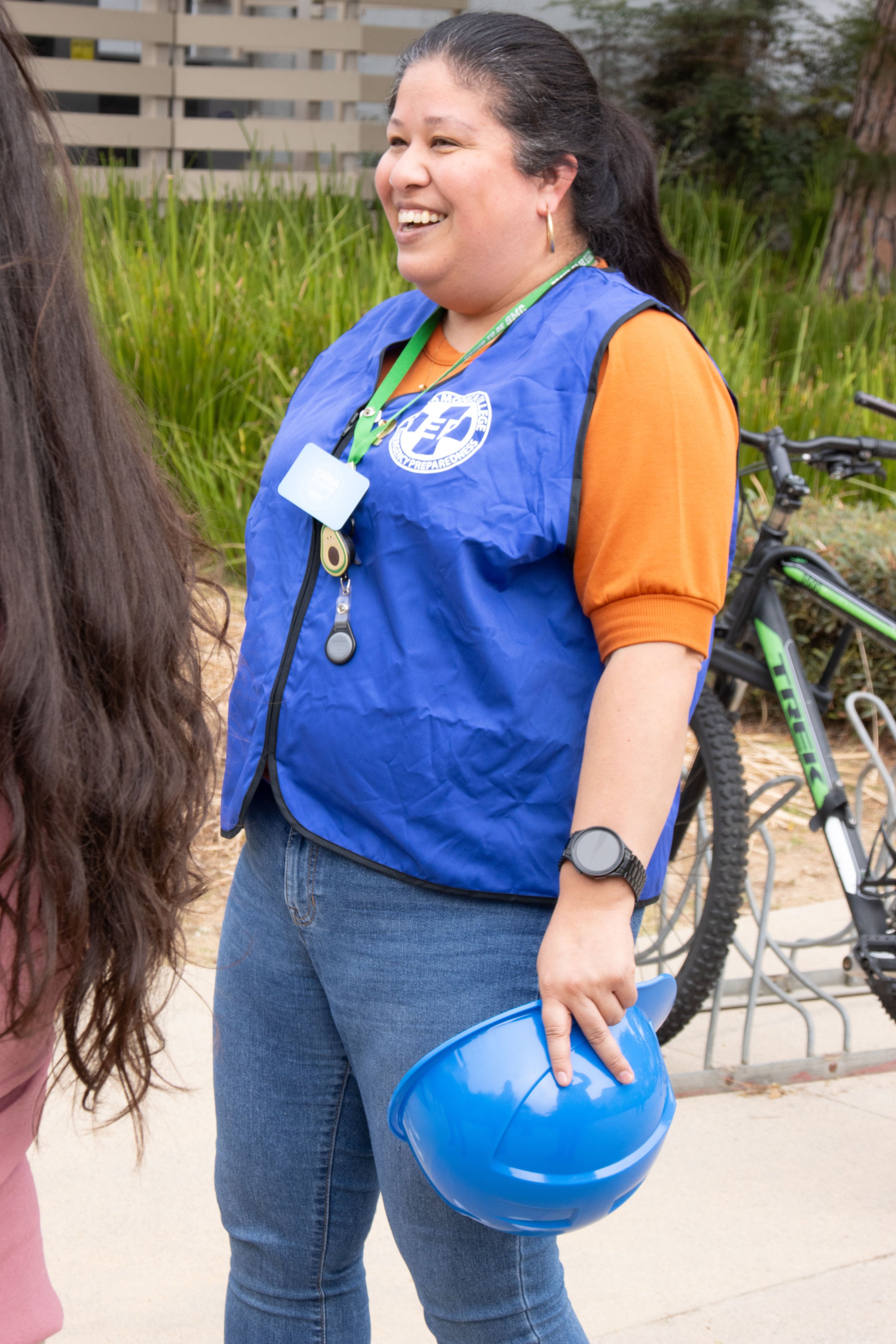  Santa Monica College (SMC) Center for Students with Disability Specialist Carla Alvarado works as a Building Monitor during the Great Shakeout 2023 drill at SMC main campus, Santa Monica, Calif., on Oct 19, 2023. The Building Monitor's job is to mak