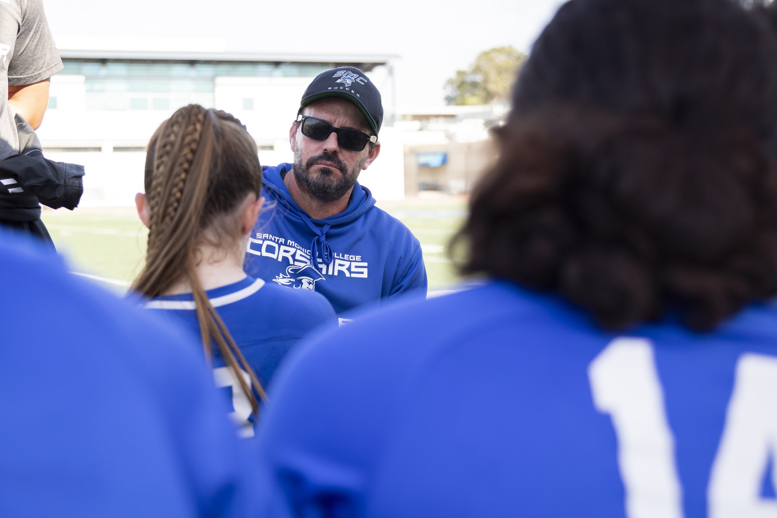  Santa Monica College Corsairs men's soccer head coach Tim Pierce discusses issues the team is having and strategies to overcome them during halftime of a home game against Bakersfield College Renegades in Santa Monica, Calif., on Friday, Oct. 27, 20