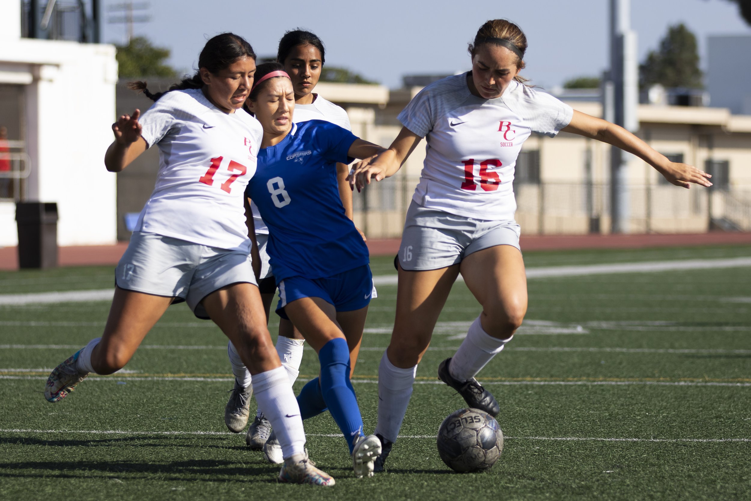  Santa Monica College Corsair forward Alejandra Esparza (center) has the ball stolen from her by Bakersfield College Renegade Lucia Hidalgo (right) during the second half of a home game in Santa Monica, Calif., on Friday, Oct. 27, 2023. The Corsairs 