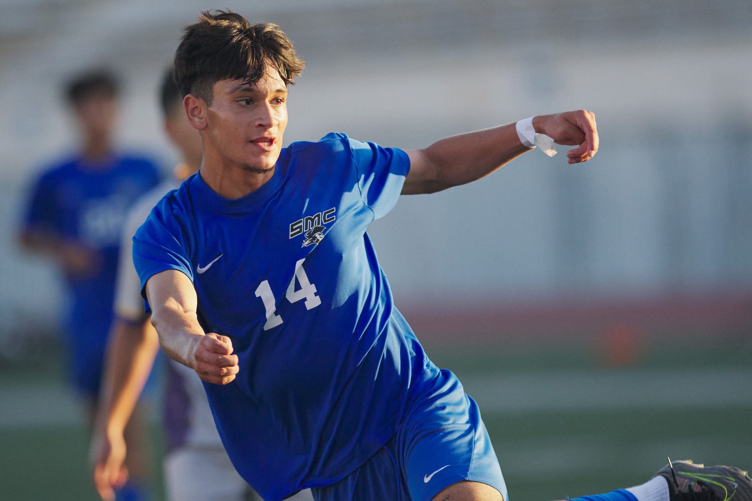  Santa Monica College Corsairs midfielder Jose Urdiano executes his penalty kick during the men's soccer game against the Allan Hancock College Bulldogs on Tuesday, Nov. 7, 2023, at Corsair Field in Santa Monica, Calif. The Corsairs won 7-0. (Nichola