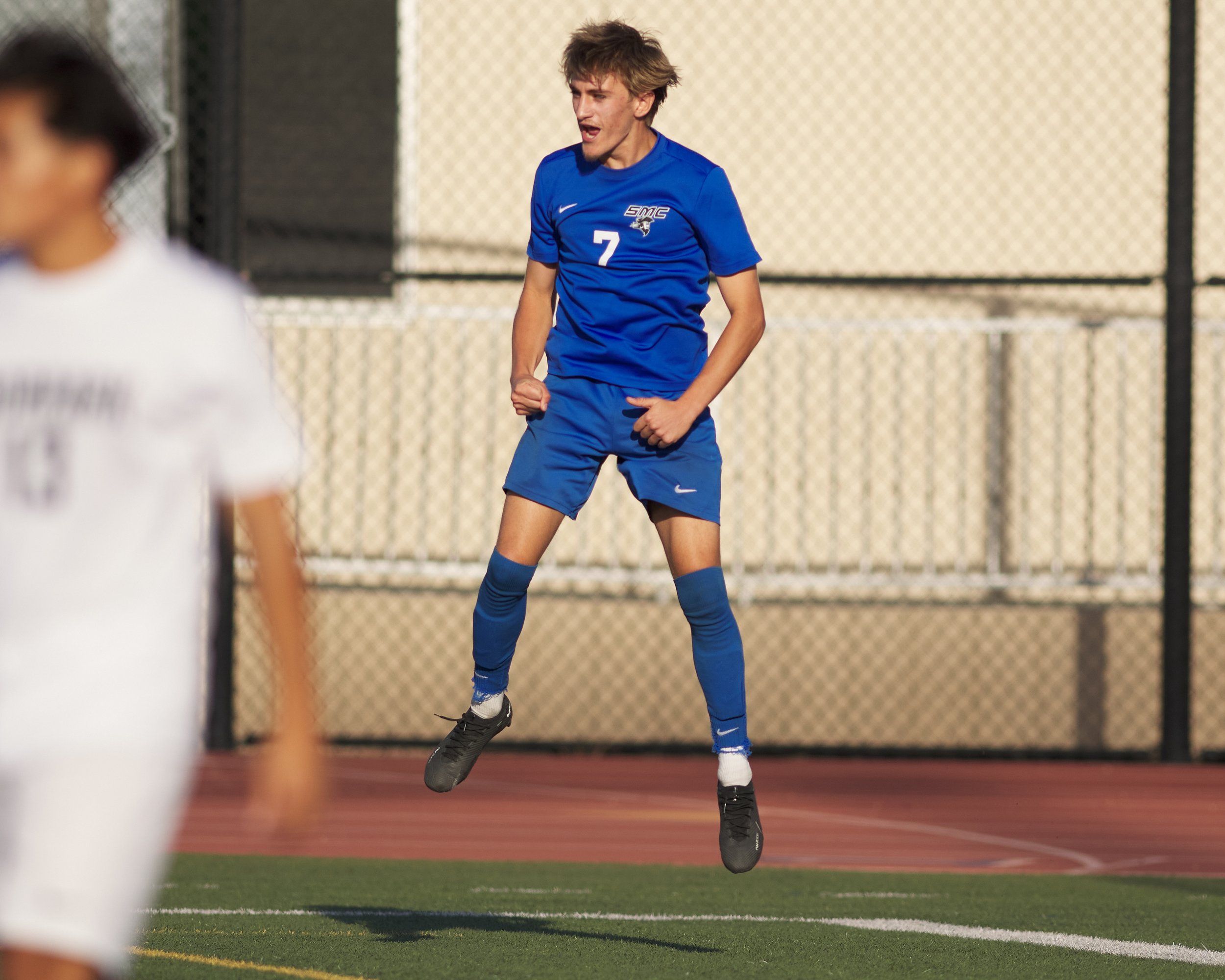  Santa Monica College Corsairs' Darren Lewis leaps in the air after scoring a goal during the men's soccer match against the Moorpark College Raiders on Thursday, Nov. 9, 2023, at Corsair Field in Santa Monica, Calif. The Corsairs won 7-0. (Nicholas 