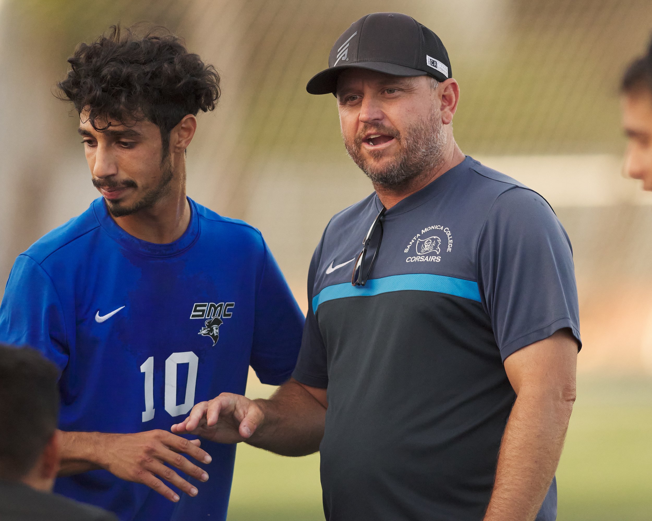  Santa Monica College Corsairs Men's Soccer Head Coach Tim Pierce (right) and midfielder Roey Kivity (left) during the men's soccer match against the Moorpark College Raiders on Thursday, Nov. 9, 2023, at Corsair Field in Santa Monica, Calif. The Cor