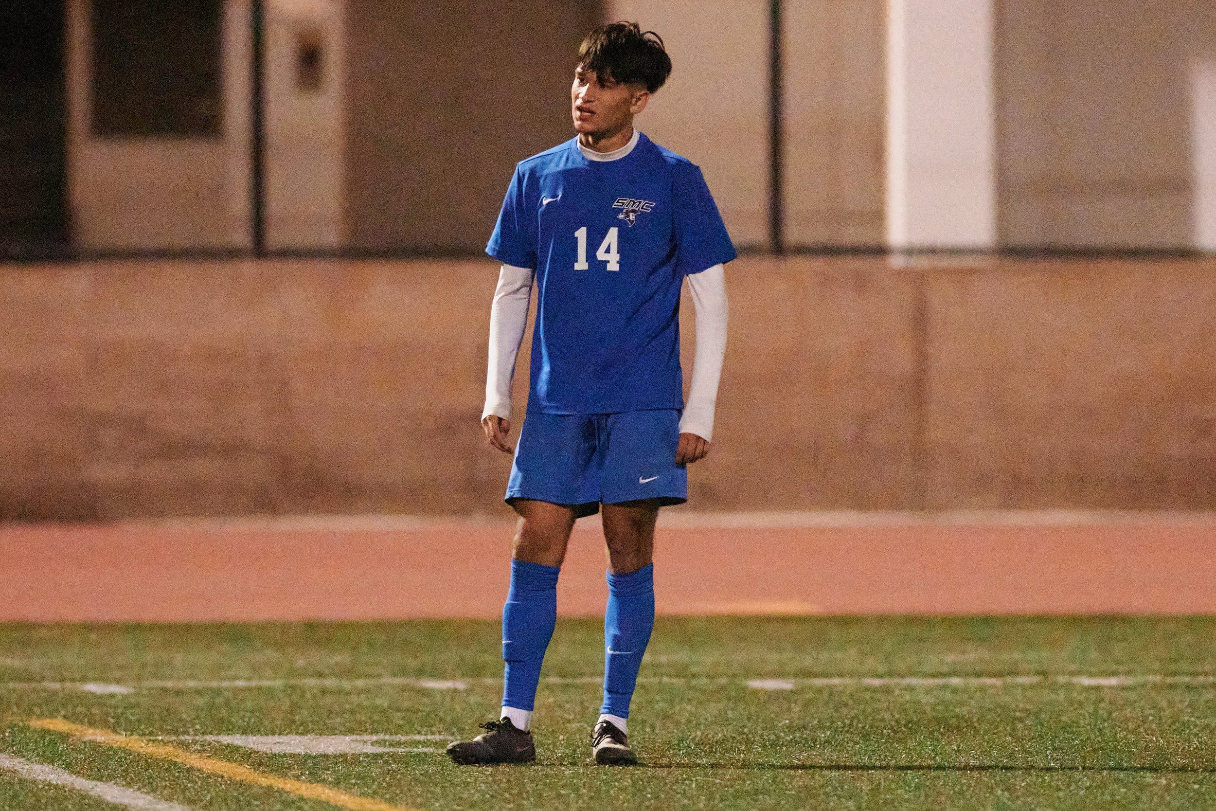  Santa Monica College Corsairs forward Jose Urdiano reacts to missing an attempt on goal during the men's soccer match against the Rio Hondo College Roadrunners on Saturday, Nov. 18, 2023, at Corsair Field in Santa Monica, Calif. The Corsairs lost 3-