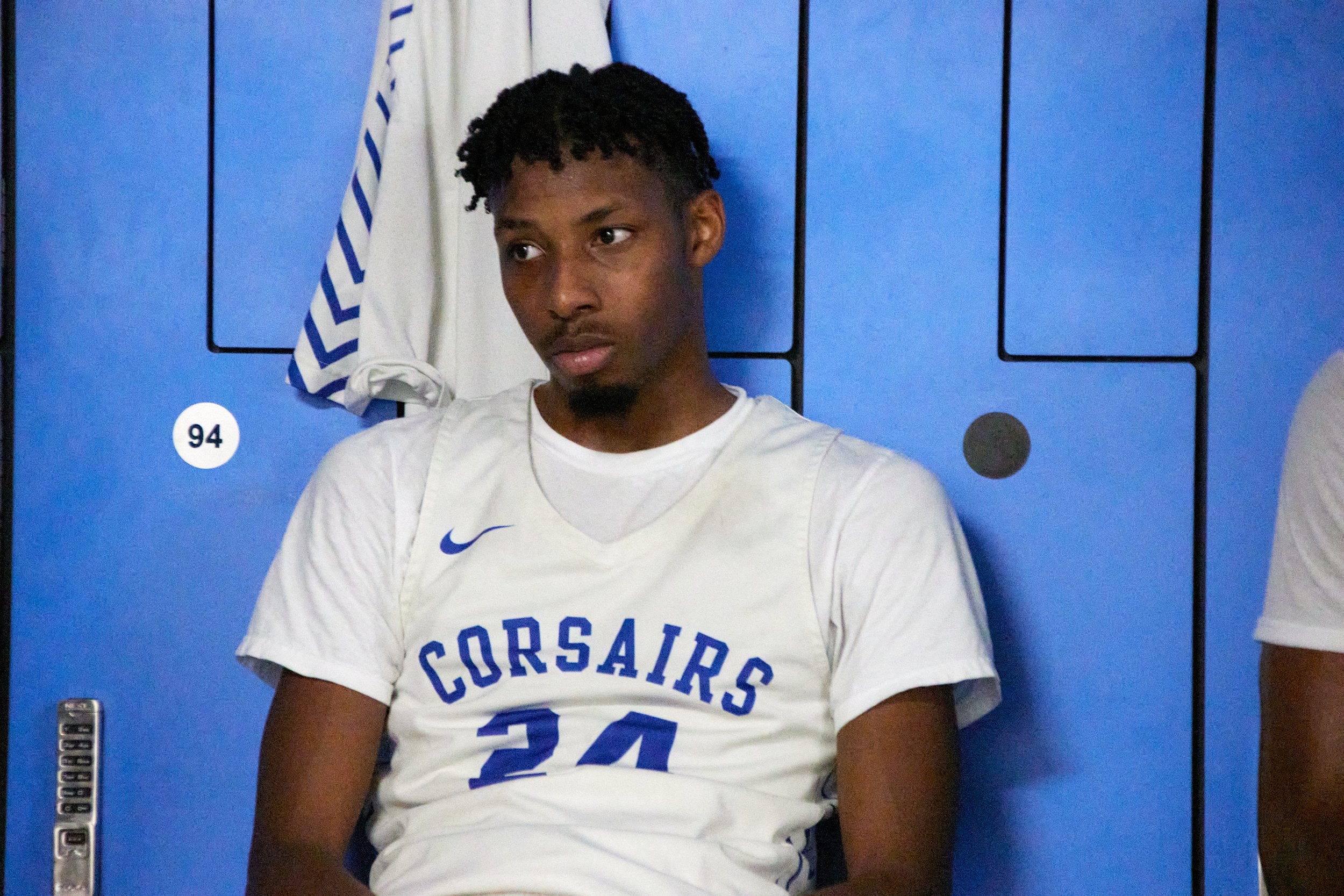  Santa Monica College Corsairs Point Guard Mike Hill during halftime at the men's basketball match against Fullerton College Hornets at Corsair Gym men's lockeroom, Santa Monica, Calif., on Oct 24, 2023. The Corsairs lost 76-66 (Danniel Sumarkho | Th