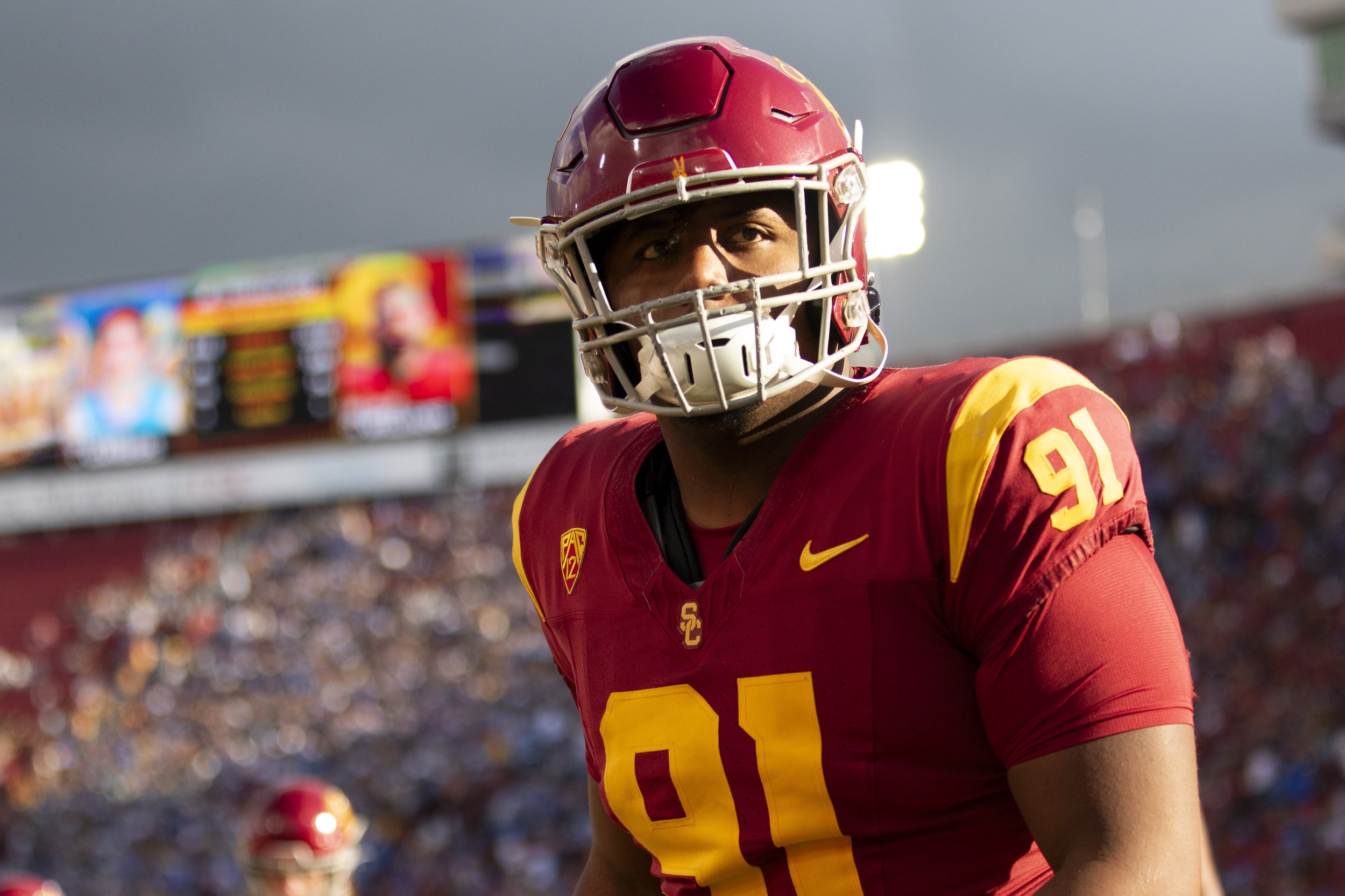  University of Southern California (USC) Trojan defensive lineman Deijon Laffitte practicing during half-time of a football game against the University of California, Los Angeles Bruins at the Los Angeles Memorial Coliseum, in Los Angeles, Calif., on