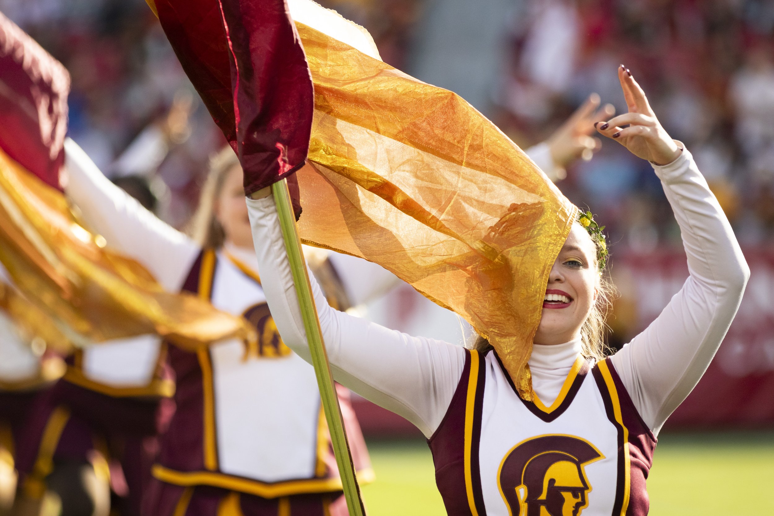  University of Southern California (USC) Trojans Marching Band performing during half-time of a football game against the University of California, Los Angeles Bruins at the Los Angeles Memorial Coliseum, in Los Angeles, Calif., on Saturday, Nov. 18,