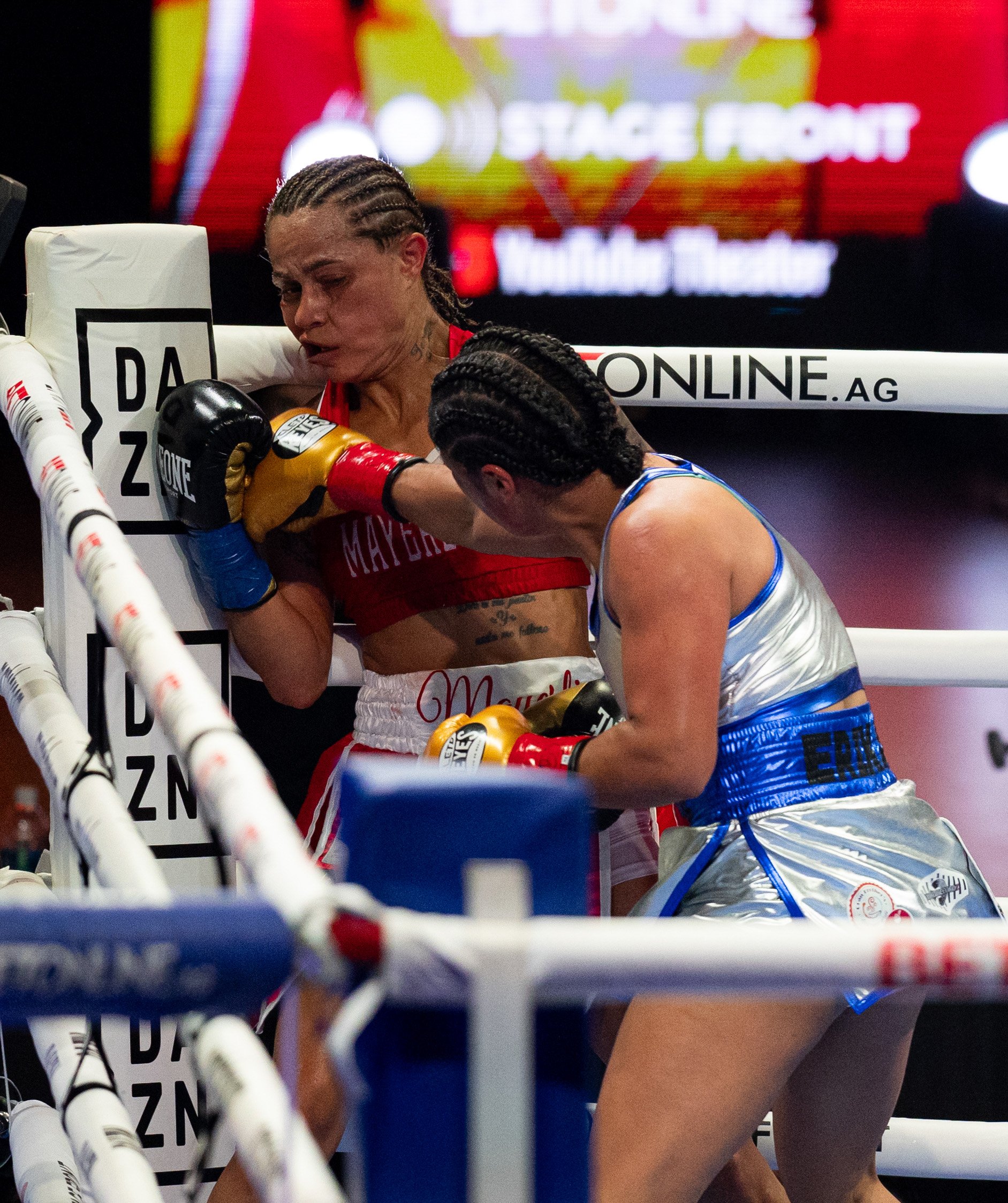  Erika Cruz(R) getting a clean shot at Mayerlin Rivas during their fight for the WBA World Super-Bantamweight title in YouTube Theater at Inglewood, Calif. on Saturday, Nov. 18. (Danilo Perez | The Corsair) 