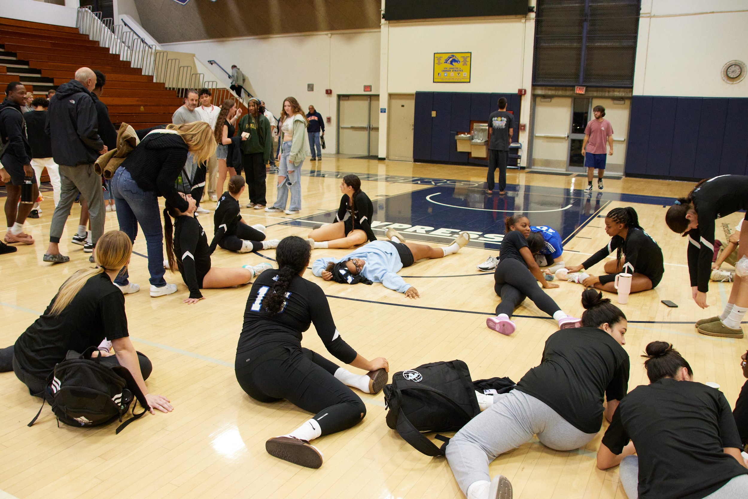  Santa Monica College Corsairs in a "cooldown" after the women's volleyball match against Cypress College Chargers at Cypress College Gymnasium number 2, Cypress, Calif., on Nov 21, 2023. The Corsairs won 3-2. (Danniel Sumarkho | The Corsair) 