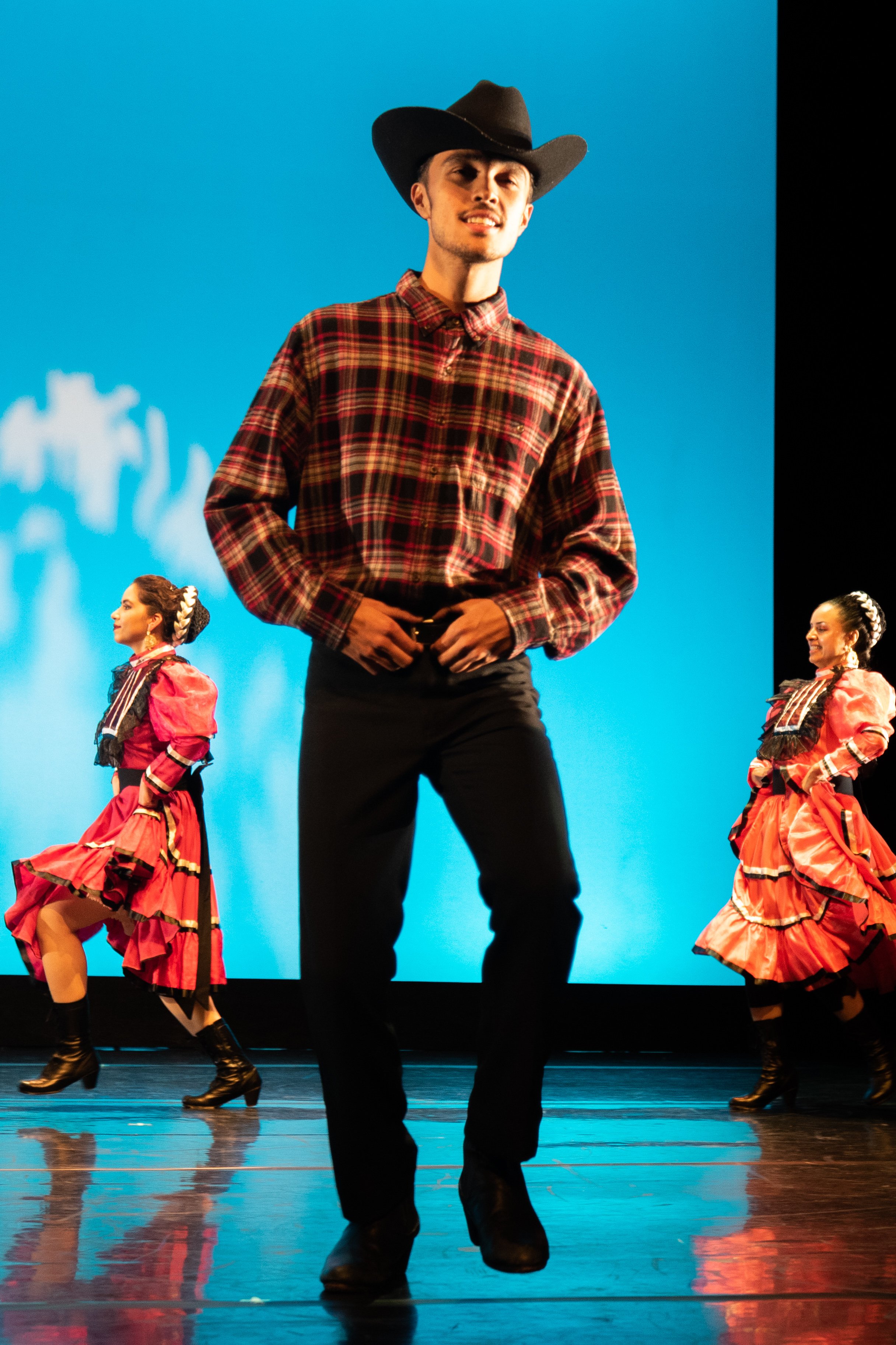  Santa Monica College student Alan Gurrola (foreground), dances "Coahuila", a traditional Mexican folklorico from Mexico at the dress rehearsal for Global Motion on stage at BroadStage in Santa Monica, Calif. on Wednesday, Nov. 15, 2023. (Akemi Rico 