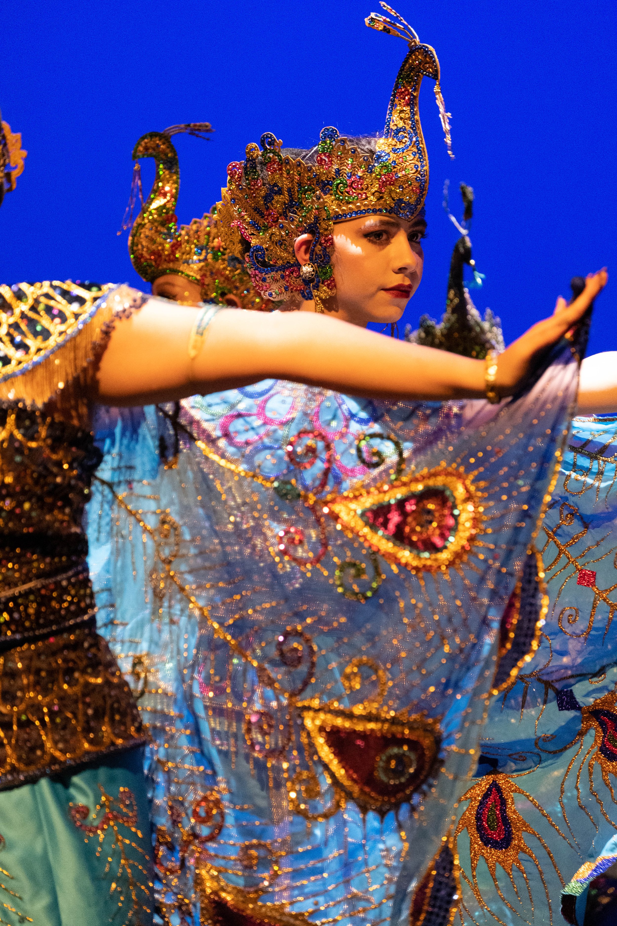  Santa Monica College student Sophia Aponte performs the Indonesian - Sundanese dance "Tari Merak" (Peacock Dance) at the dress rehearsal for Global Motion on stage at BroadStage in Santa Monica, Calif. on Wednesday, Nov. 15, 2023. (Akemi Rico | The 