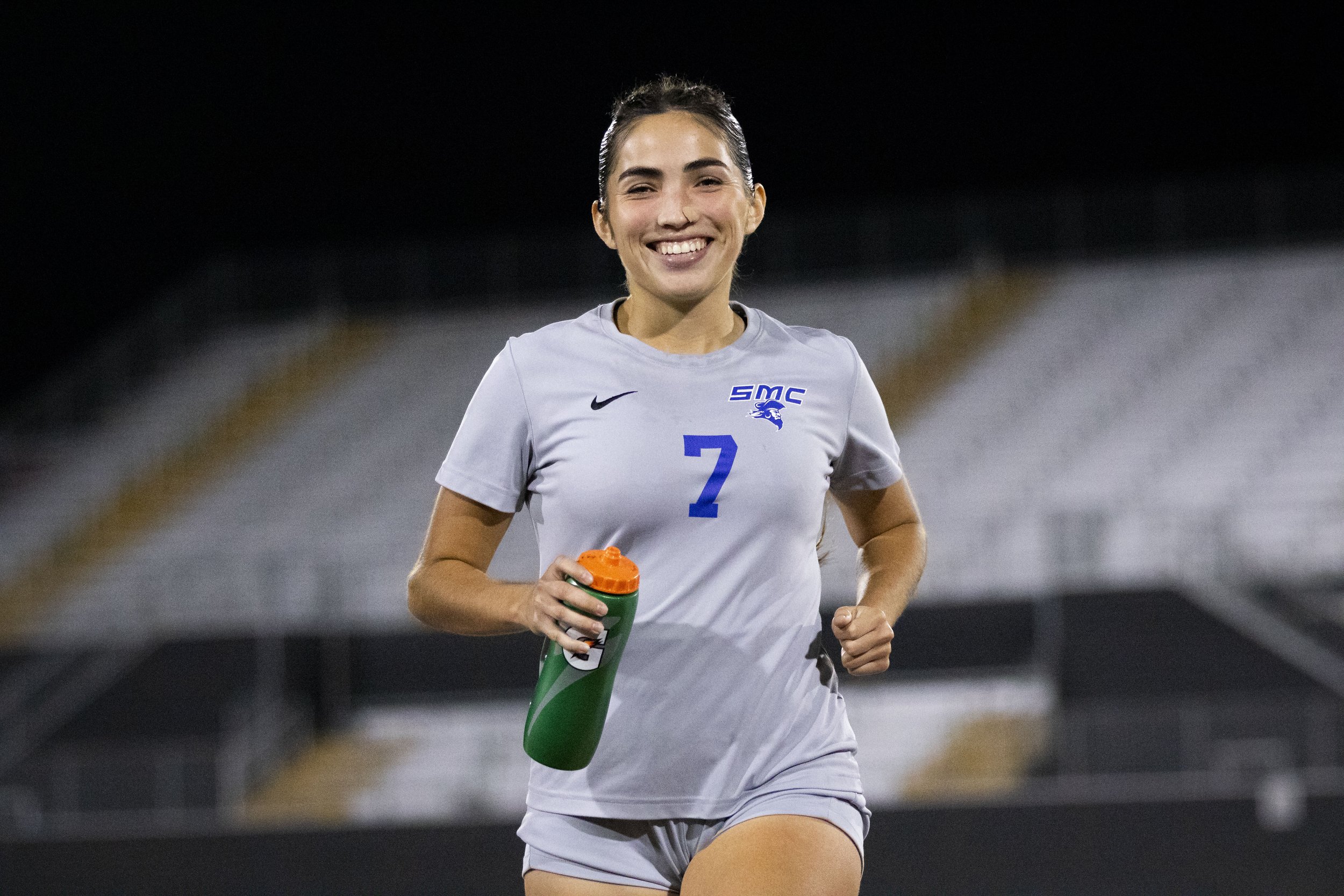 Santa Monica College Corsair defense Jessica Narez runs back from the locker room at the end of halftime during a soccer game against the Saddleback College Bobcats at Saddleback College in Mission Viejo, Calif., on Tuesday, Nov. 21, 2023. The Corsa