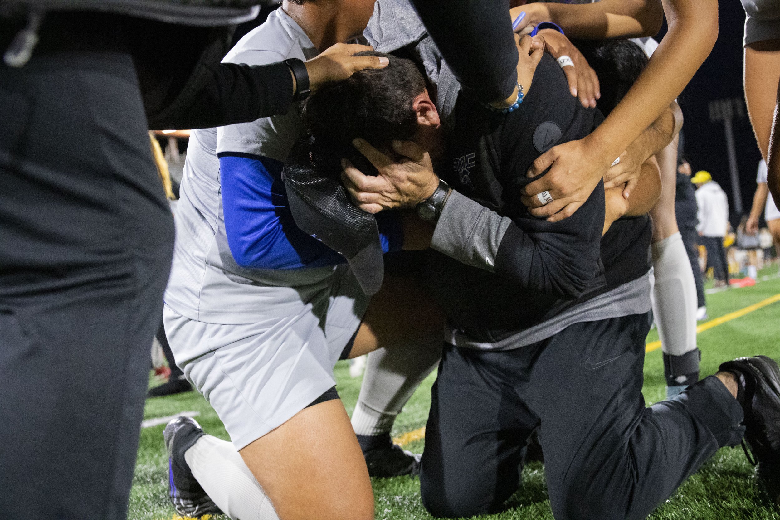 Santa Monica College women’s soccer head coach for the Corsairs Aaron Benditson cries with excitement because the Corsairs defeated the Saddleback College Bobcats, their first defeat of the season, at Saddleback College in Mission Viejo, Calif., on