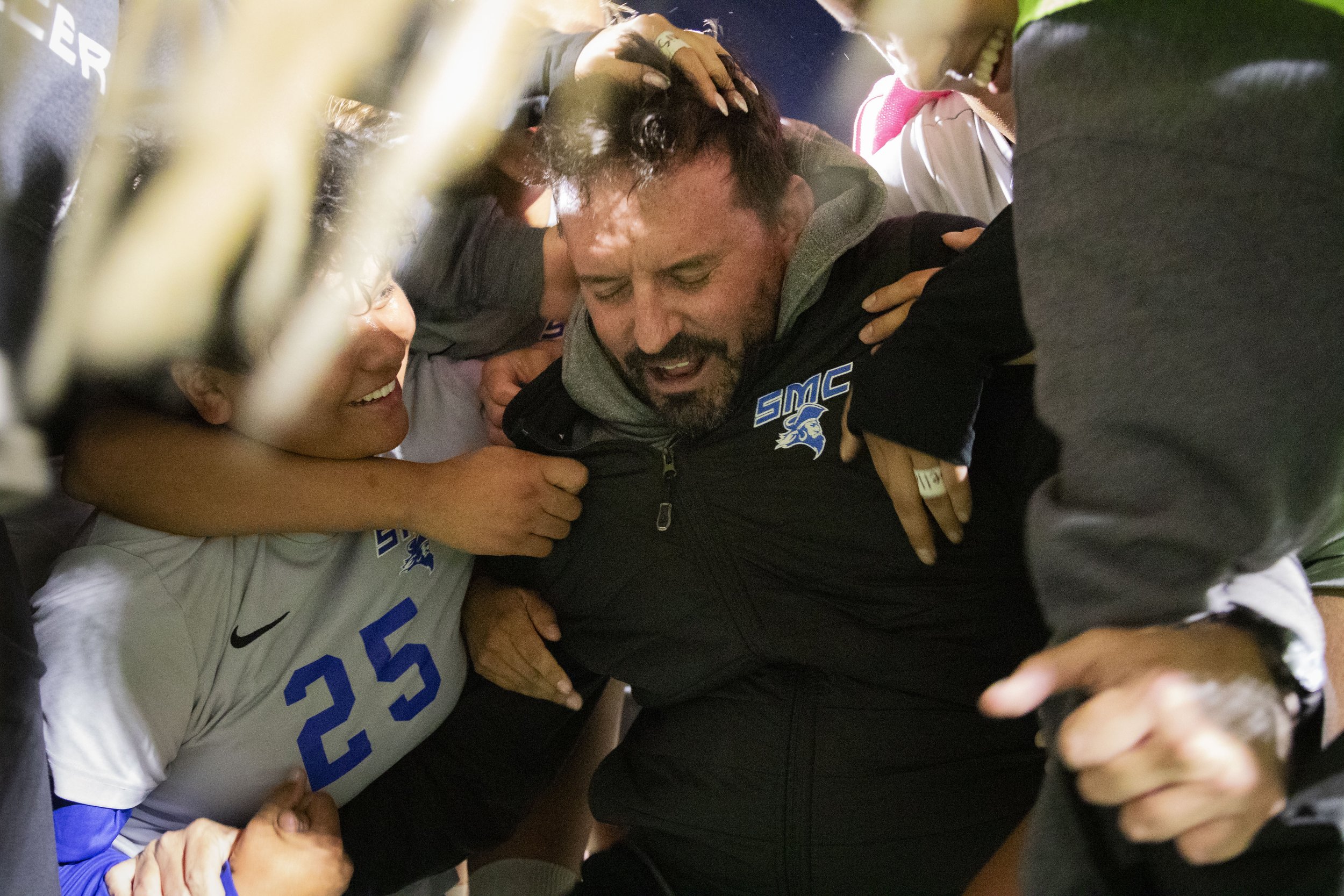  Santa Monica College women’s soccer head coach for the Corsairs Aaron Benditson cries with excitement because the Corsairs defeated the Saddleback College Bobcats, their first defeat of the season, at Saddleback College in Mission Viejo, Calif., on 
