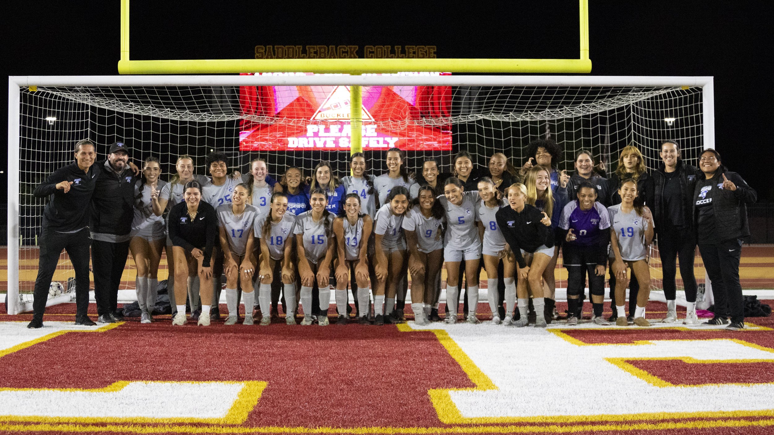  Santa Monica College Corsairs women soccer team after defeating the Saddleback College Bobcats, their first of the season, at Saddleback College in Mission Viejo, Calif., on Tuesday, Nov. 21, 2023. The Corsairs won 1-0, scoring the goal through a pe