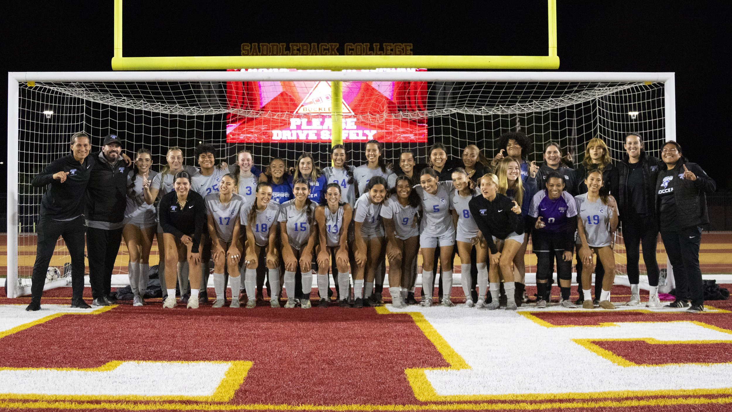 Santa Monica College Corsairs women soccer team after defeating the Saddleback College Bobcats, their first of the season, at Saddleback College in Mission Viejo, Calif., on Tuesday, Nov. 21, 2023. The Corsairs won 1-0, scoring the goal through a pe
