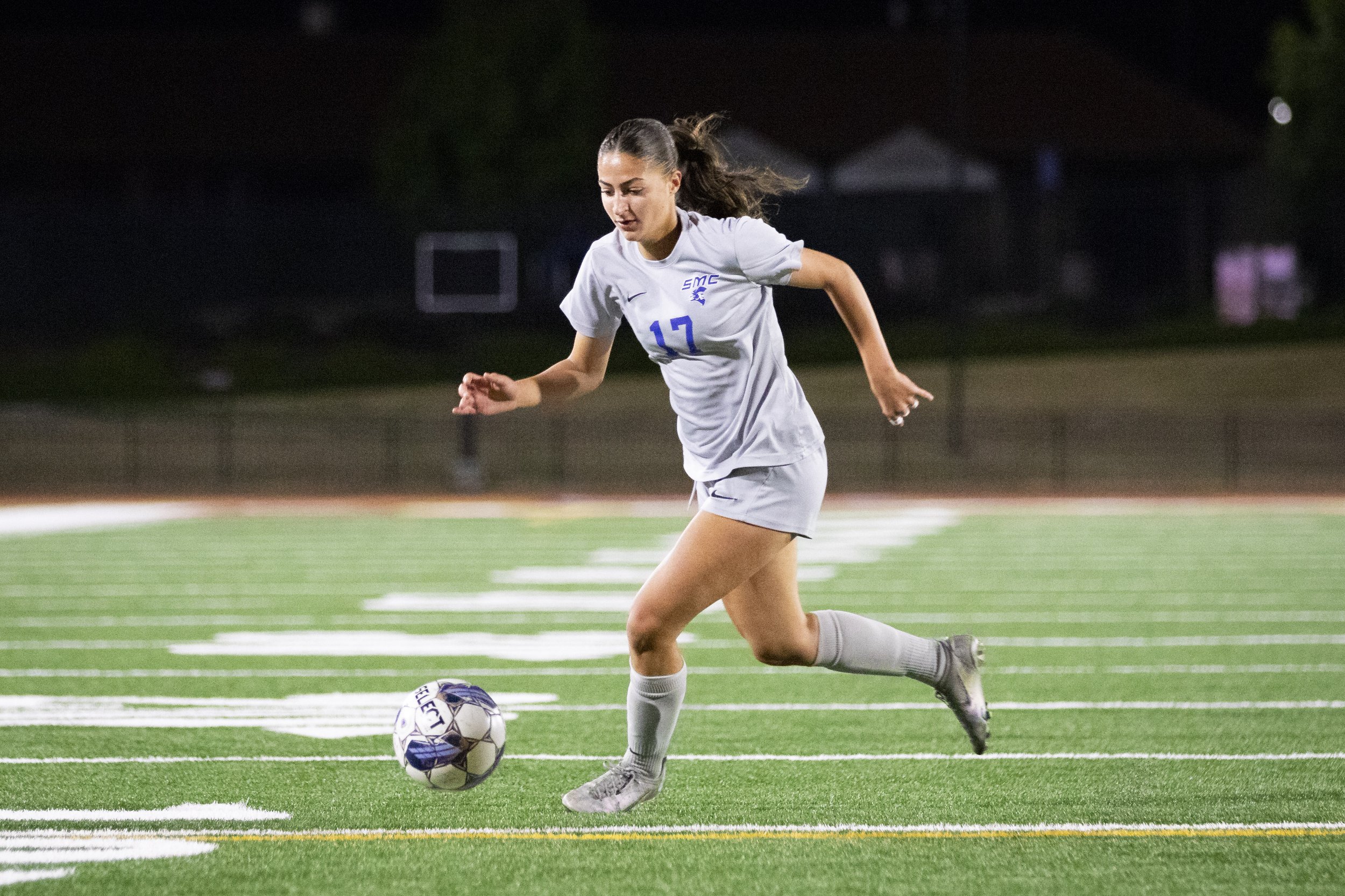 Santa Monica College Corsair forward Jacky Hernandez running the ball towards the goal during the first half of a soccer game against the Saddleback College Bobcats at Saddleback College in Mission Viejo, Calif., on Tuesday, Nov. 21, 2023. The Corsa