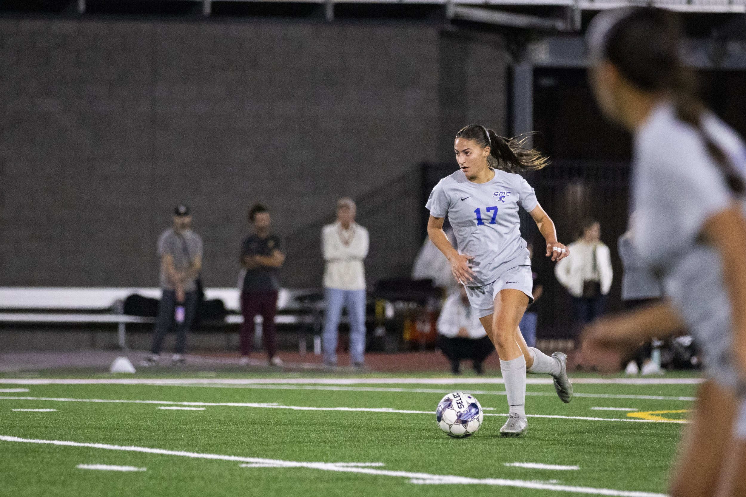  Santa Monica College Corsair forward Jacky Hernandez running the ball towards the goal during the first half of a soccer game against the Saddleback College Bobcats at Saddleback College in Mission Viejo, Calif., on Tuesday, Nov. 21, 2023. The Corsa