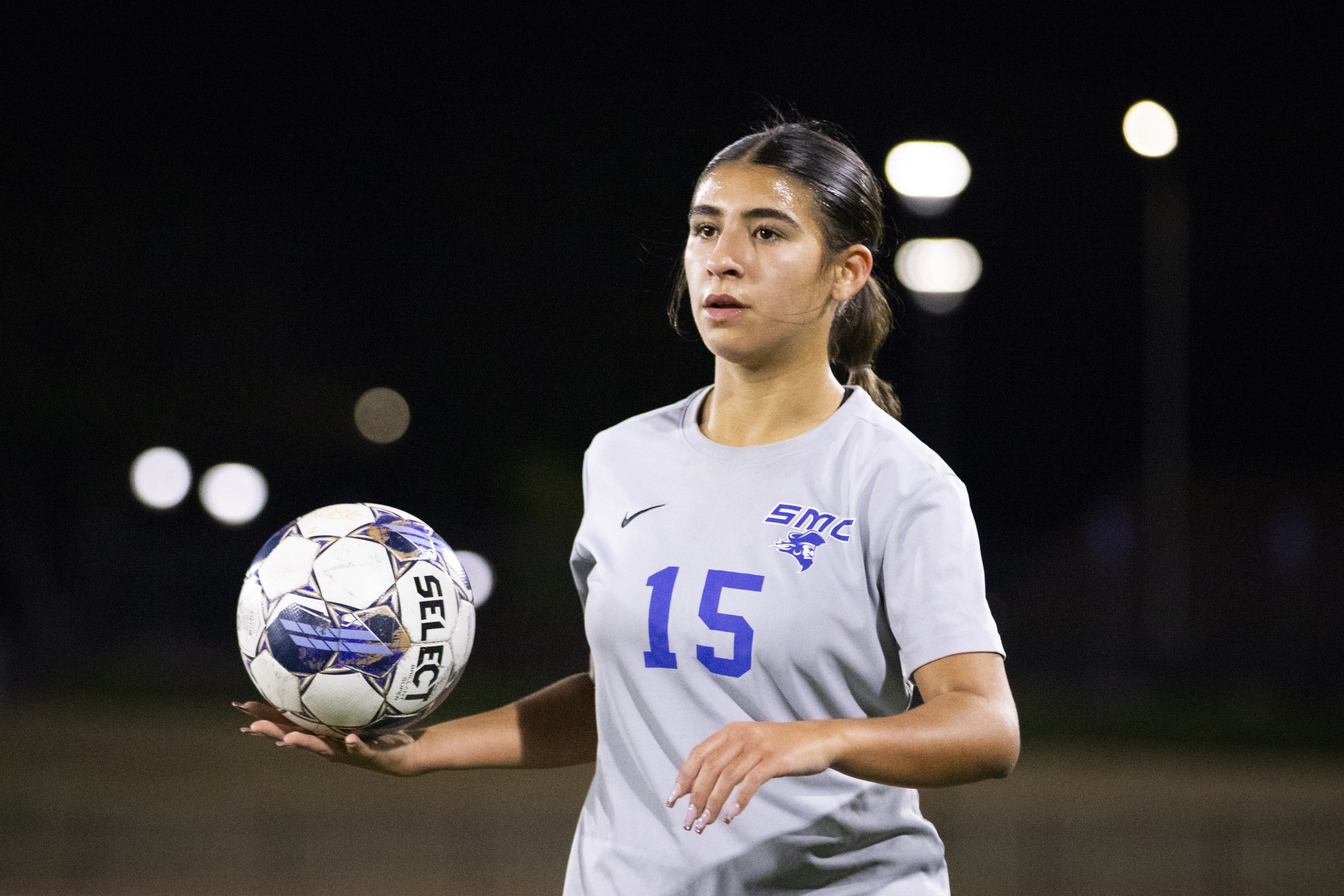  Santa Monica College Corsair forward Alinna Savaterre prepares to throw the ball back in bounds during a the first half of a soccer game against the Saddleback College Bobcats at Saddleback College in Mission Viejo, Calif., on Tuesday, Nov. 21, 2023