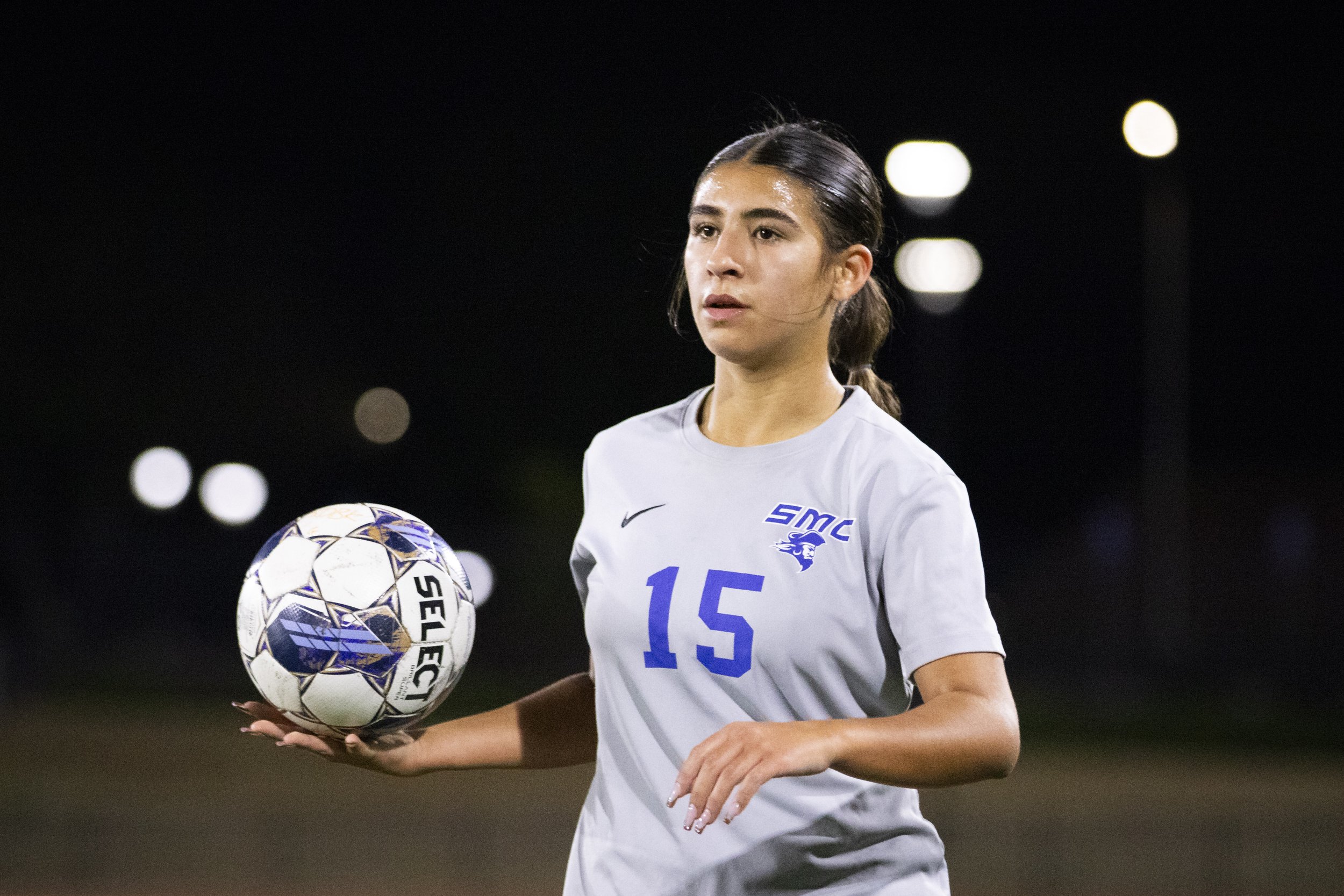 Santa Monica College Corsair forward Alinna Savaterre prepares to throw the ball back in bounds during a the first half of a soccer game against the Saddleback College Bobcats at Saddleback College in Mission Viejo, Calif., on Tuesday, Nov. 21, 2023