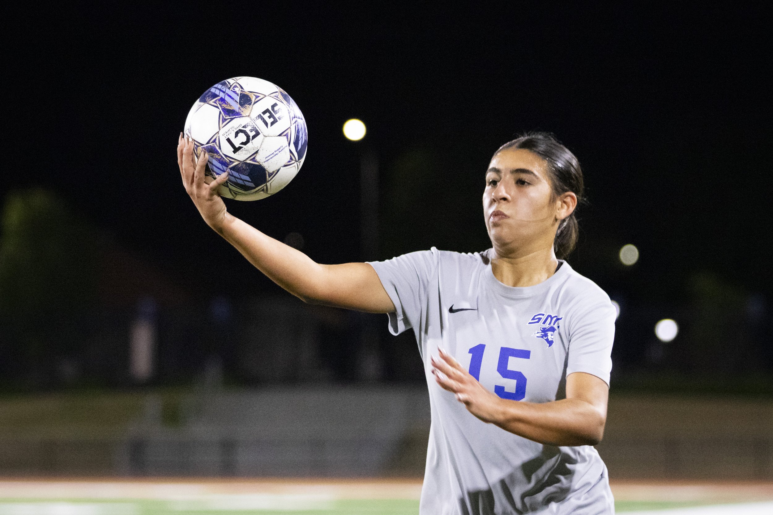  Santa Monica College Corsair forward Alinna Savaterre prepares to throw the ball back in bounds during a the first half of a soccer game against the Saddleback College Bobcats at Saddleback College in Mission Viejo, Calif., on Tuesday, Nov. 21, 2023