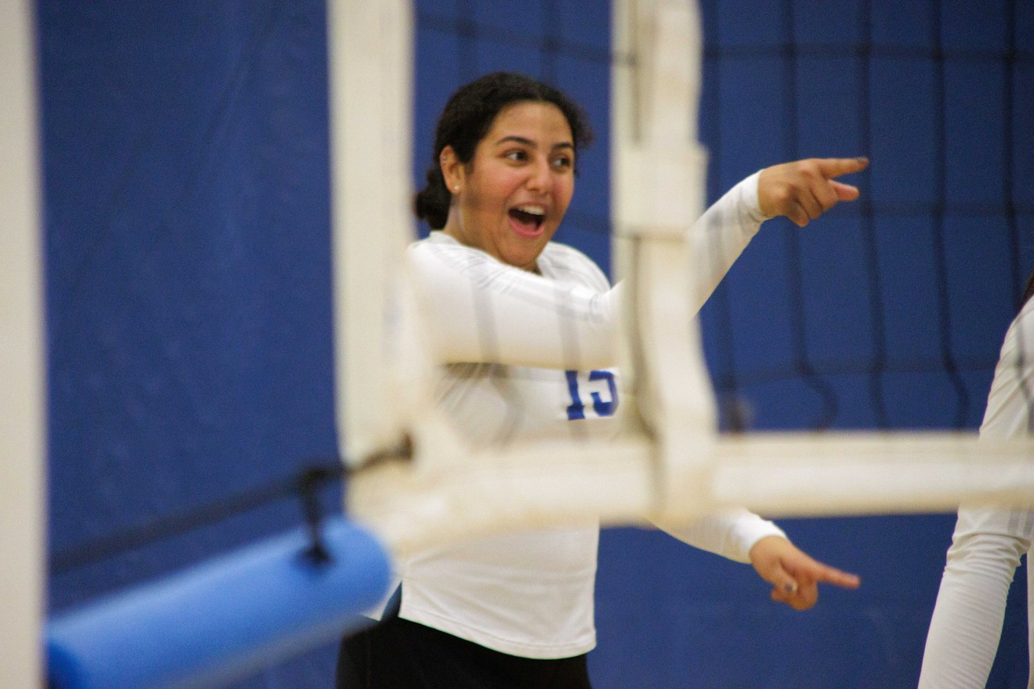  Setter Jaylynn Fierro, number 15, points at one of her teammates during a match between the Santa Monica College (SMC) and San Diego Miramar Women's Volleyball team at the SMC gymnasium, Santa Monica, Calif. on Sept. 08, 2023. (Danniel Sumarkho | Th