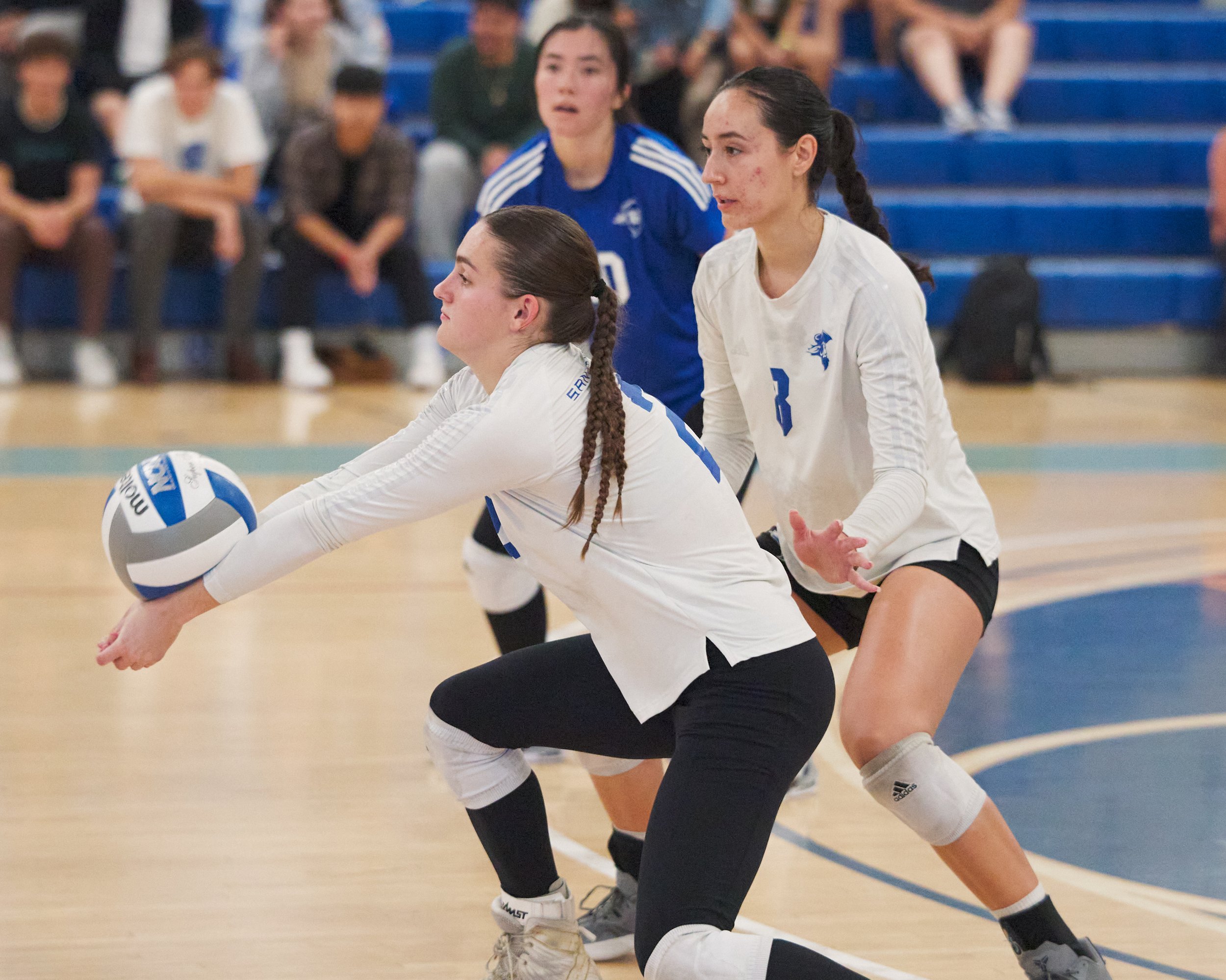  Santa Monica College Corsairs' (front-to-back) Prior Borick, Natalie Fernandez, and Sophia Odle during the women's volleyball match against the Santa Barbara City College Vaqueros on Wednesday, Sept. 20, 2023, at Corsair Gym in Santa Monica, Calif. 