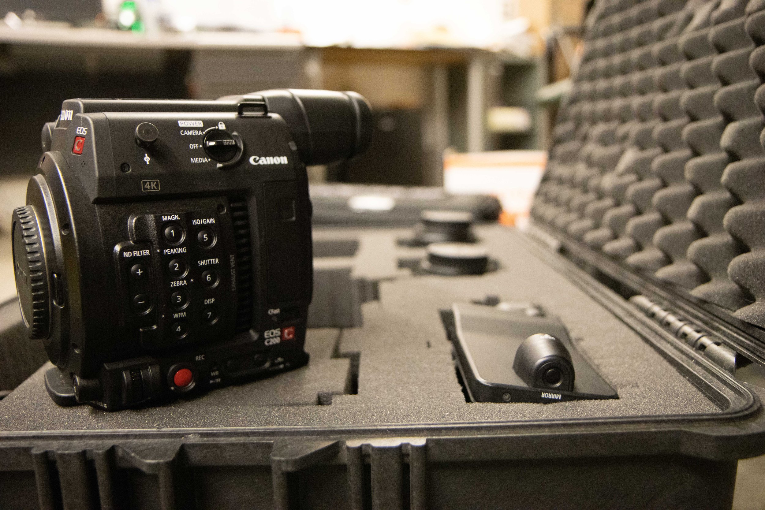  A Canon EOS C200 sits on top of its carrying case to be assembled and shot with. Located at the Film equipment storage at the Center for Media and Design of Santa Monica College, Santa Monica, Calif. Sept. 5, 2023 (Danniel Sumarkho | Corsair) 