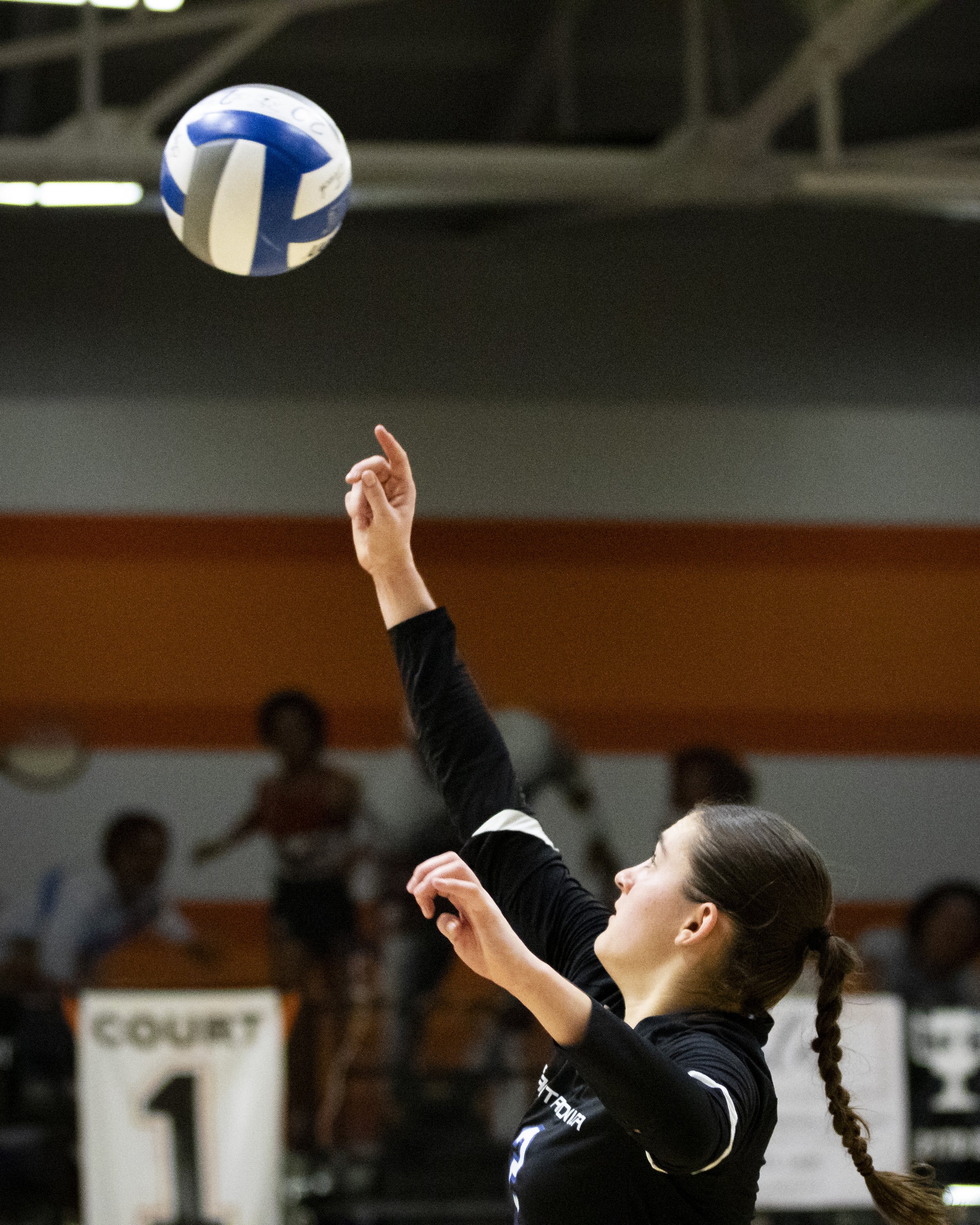  Santa Monica College Corsair outside hitter Prior Borick spikes the ball during the Volleyball SoCal Regional Final against the Ventura College  Pirates at Ventura College in Ventura, Calif., on Saturday, Nov. 25, 2023. The Corsairs lost 3-0. (Caylo