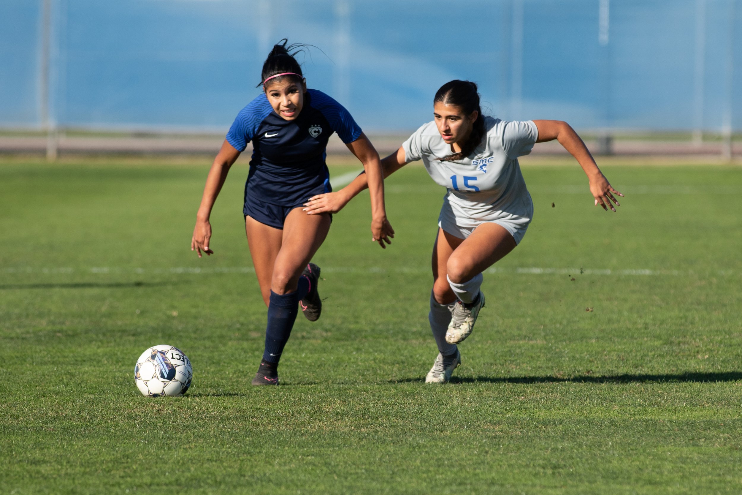  Santa Monica Corsairs' forward Alinna Savaterre (15) chases the ball during the women's soccer match on Saturday, Nov. 25, 2023 at Cypress College in Cypress, Calif.  (Akemi Rico | The Corsair) 
