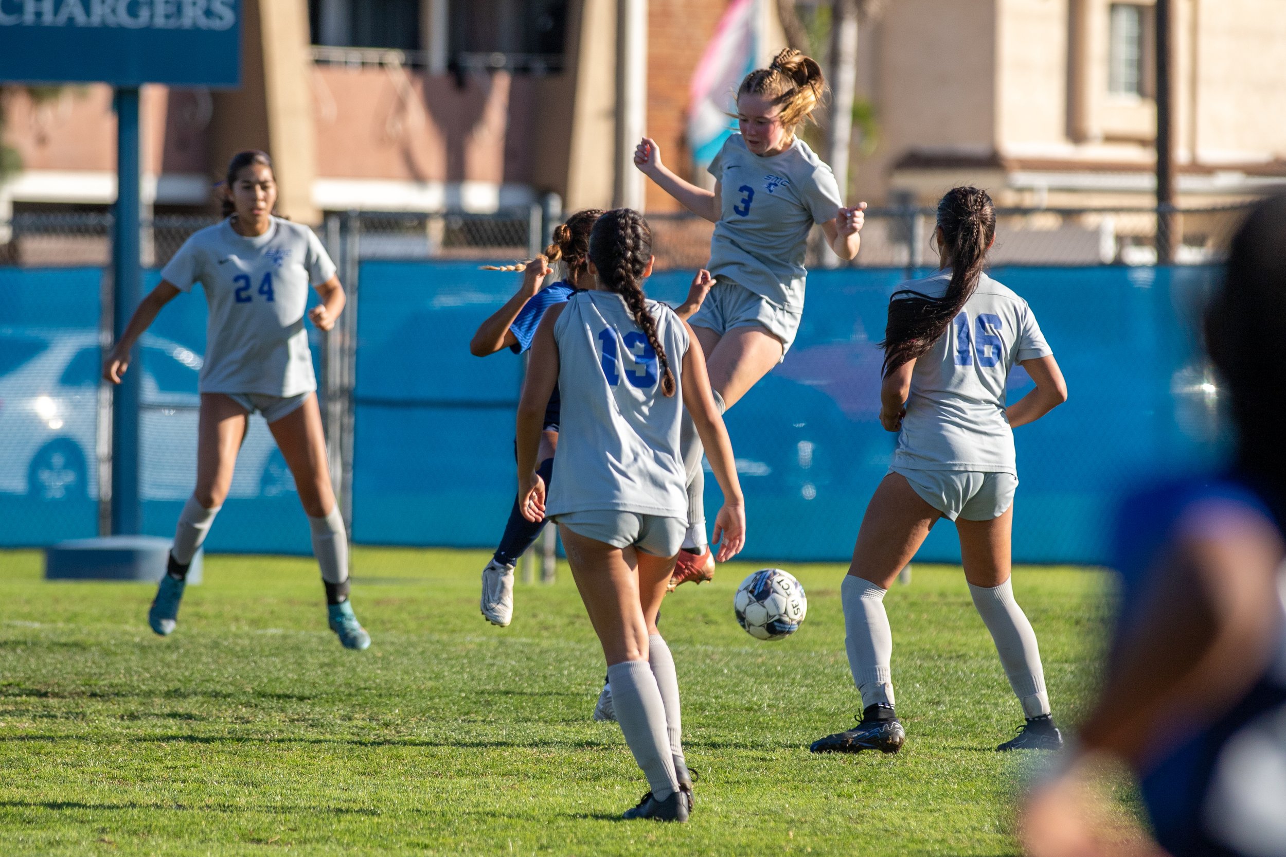  Santa Monica Corsairs' from L to R, Andrea Ortiz (24), Lia Agapitos (13), Izzy Turner (3) and Bella Velazco (16) during the women's soccer match on Saturday, Nov. 25, 2023 at Cypress College in Cypress, Calif.  (Akemi Rico | The Corsair) 