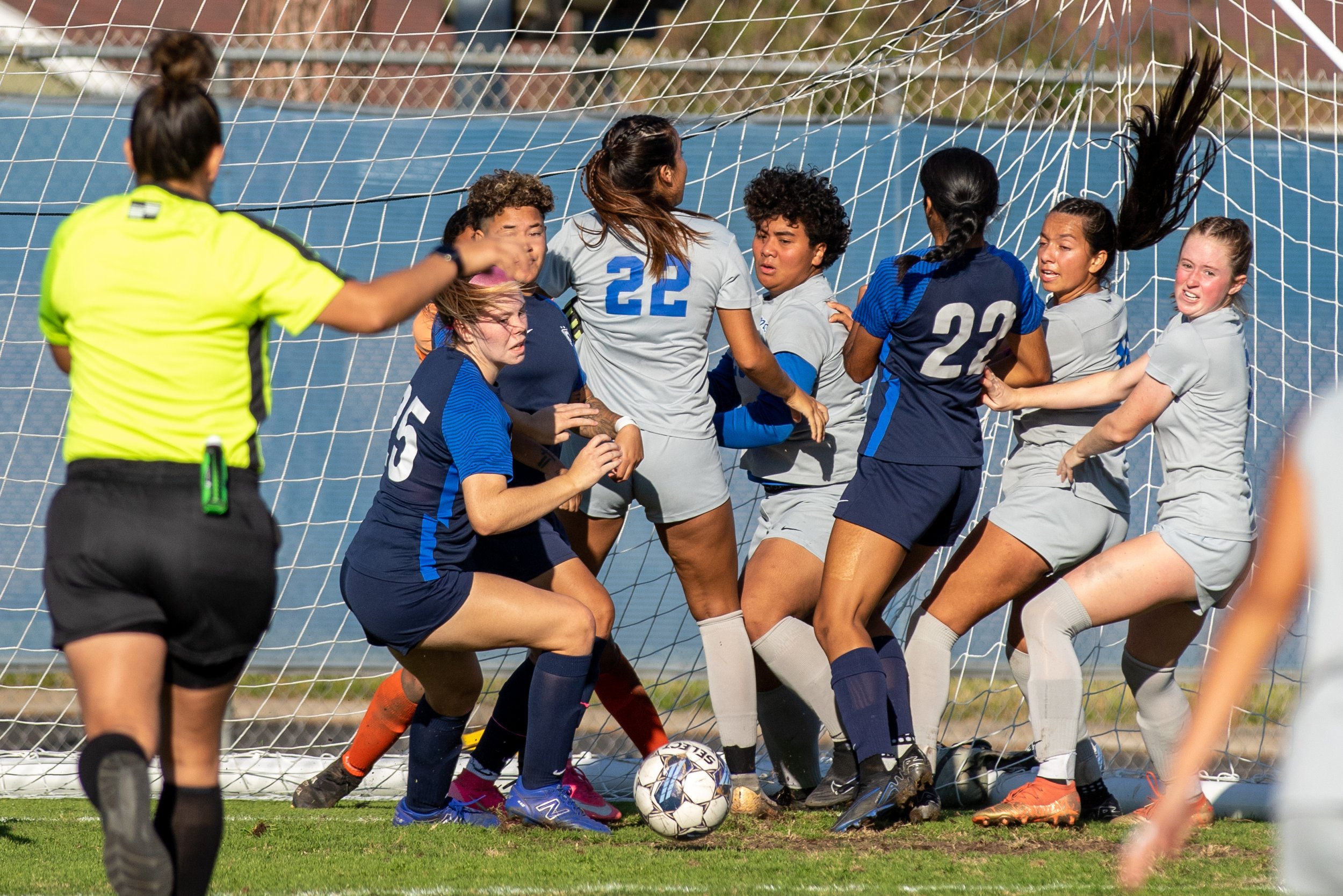  Santa Monica Corsairs'fight hard to get the ball in the goal during the women's soccer match on Saturday, Nov. 25, 2023 at Cypress College in Cypress, Calif.  (Akemi Rico | The Corsair) 