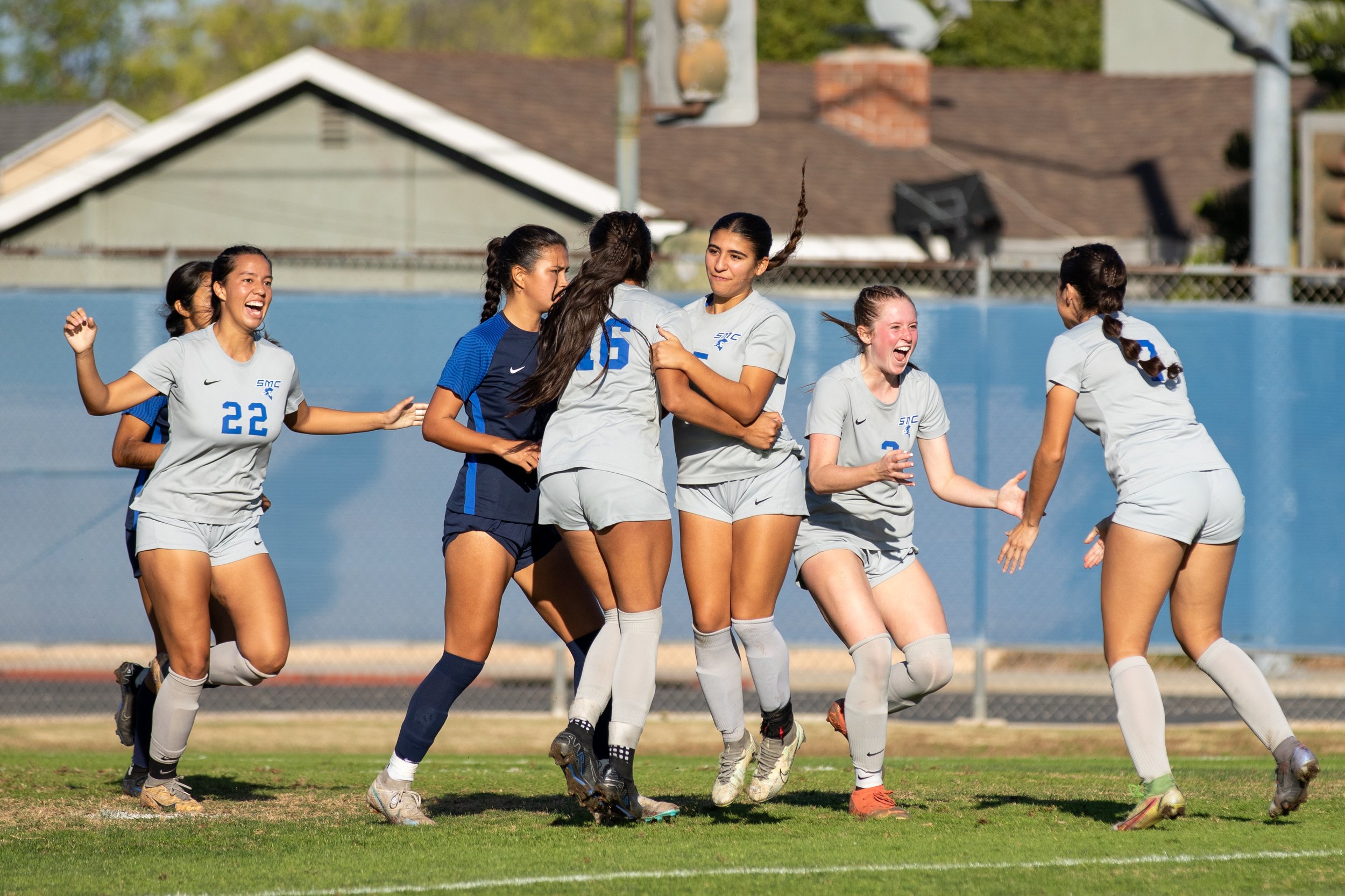  Santa Monica Corsairs' celebrate a goal scored during the second half of the women's soccer match on Saturday, Nov. 25, 2023 at Cypress College in Cypress, Calif.  (Akemi Rico | The Corsair) 
