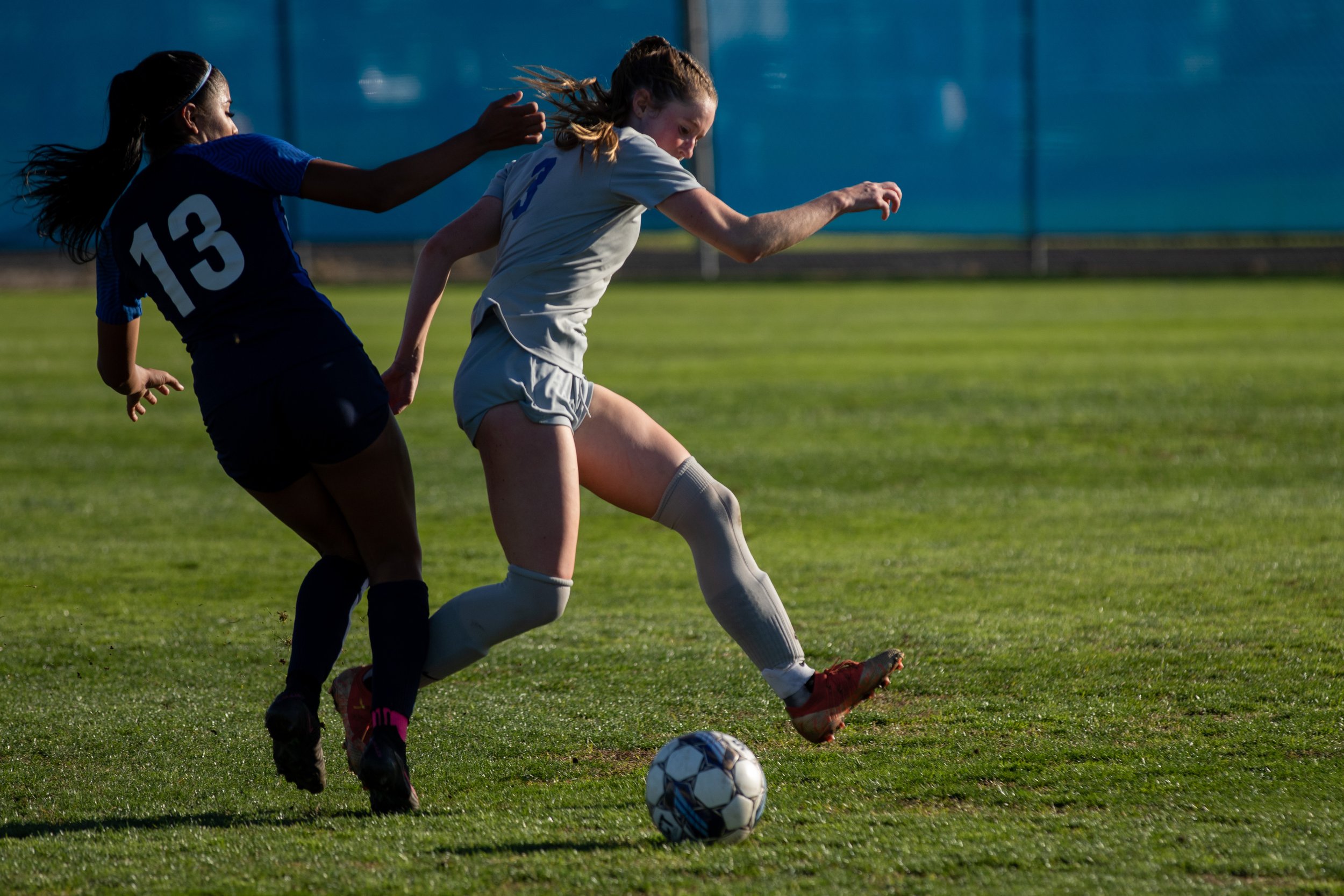  Santa Monica Corsairs' defender Izzy Turner (3) and Cypress Charger forward Abigail Morales during the women's soccer match on Saturday, Nov. 25, 2023 at Cypress College in Cypress, Calif.  (Akemi Rico | The Corsair) 