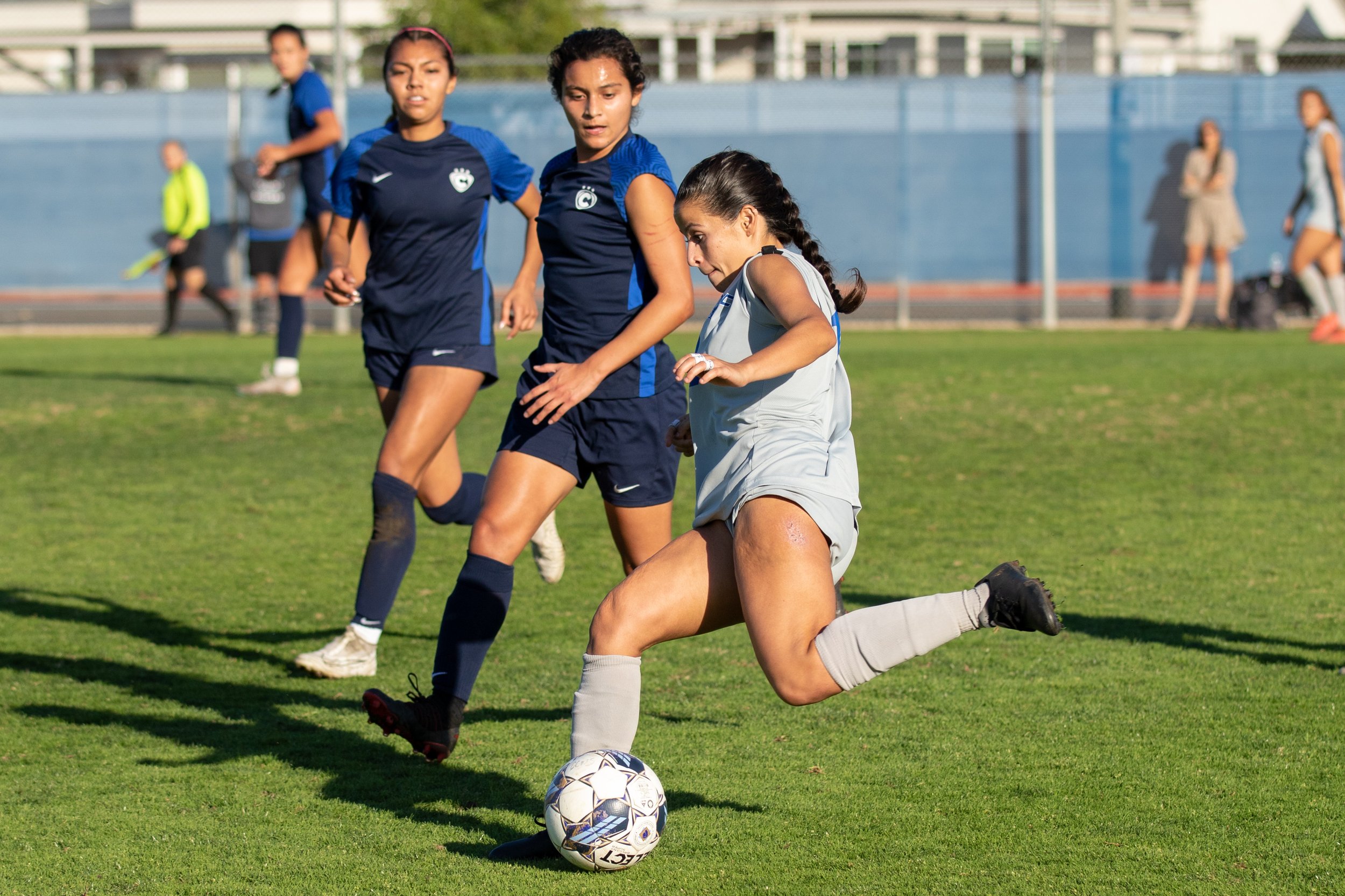  Santa Monica Corsairs' center midfielder Lia Agapitos (13) about to kick the ball during the women's soccer match on Saturday, Nov. 25, 2023 at Cypress College in Cypress, Calif.  (Akemi Rico | The Corsair) 